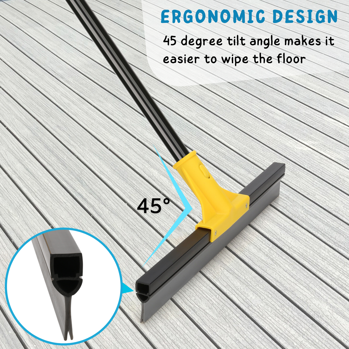 Squeegee Broom for Floor, 18'' Rubber Squeegee with 60'' Long Handle for Bathroom Tile, Garage Concrete, Deck, Shower Glass, Window Cleaning, Heavy Duty Household Floor Wiper