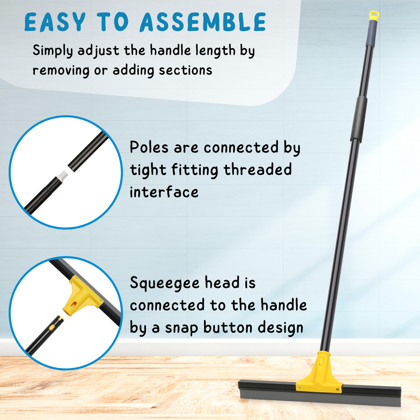 Squeegee Broom for Floor, 18'' Rubber Squeegee with 60'' Long Handle for Bathroom Tile, Garage Concrete, Deck, Shower Glass, Window Cleaning, Heavy Duty Household Floor Wiper