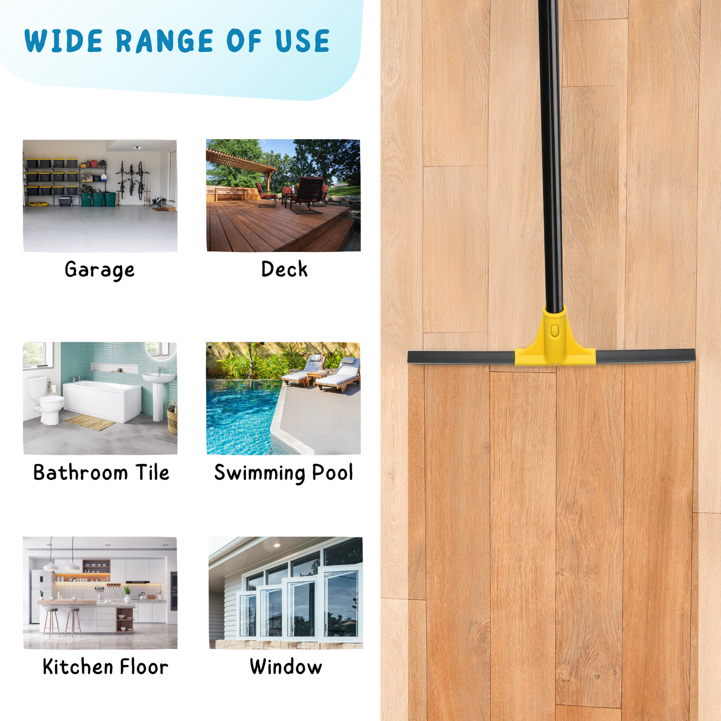 Squeegee Broom for Floor, 18'' Rubber Squeegee with 60'' Long Handle for Bathroom Tile, Garage Concrete, Deck, Shower Glass, Window Cleaning, Heavy Duty Household Floor Wiper