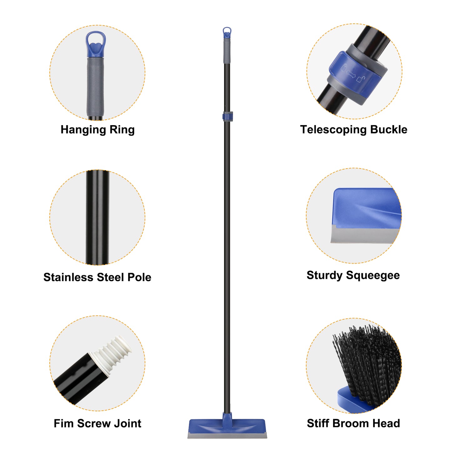 Floor Scrub Brush with 150cm Telescopic Long Handle,2 in 1 Scrape Brush Stiff Bristle Shower Scrubber Squeegee for Cleaning Deck Patio Bathroom Garage Kitchen Floor Wall Tile