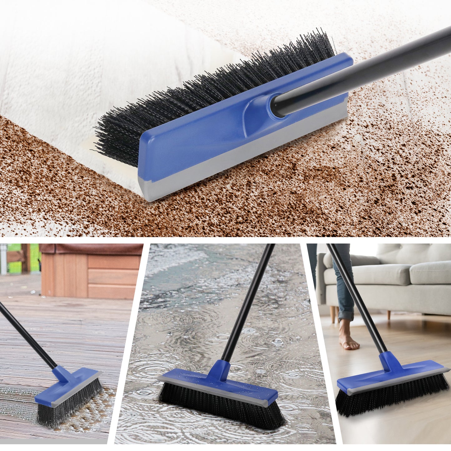 Floor Scrub Brush with 150cm Telescopic Long Handle,2 in 1 Scrape Brush Stiff Bristle Shower Scrubber Squeegee for Cleaning Deck Patio Bathroom Garage Kitchen Floor Wall Tile