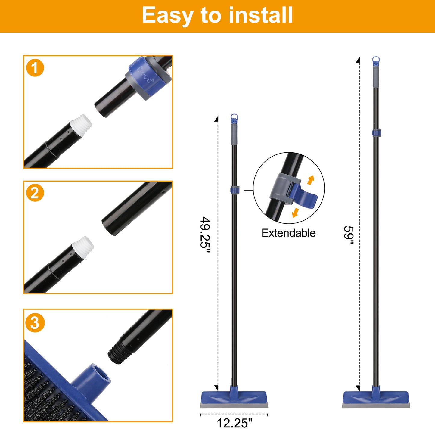 Floor Scrub Brush with 150cm Telescopic Long Handle,2 in 1 Scrape Brush Stiff Bristle Shower Scrubber Squeegee for Cleaning Deck Patio Bathroom Garage Kitchen Floor Wall Tile