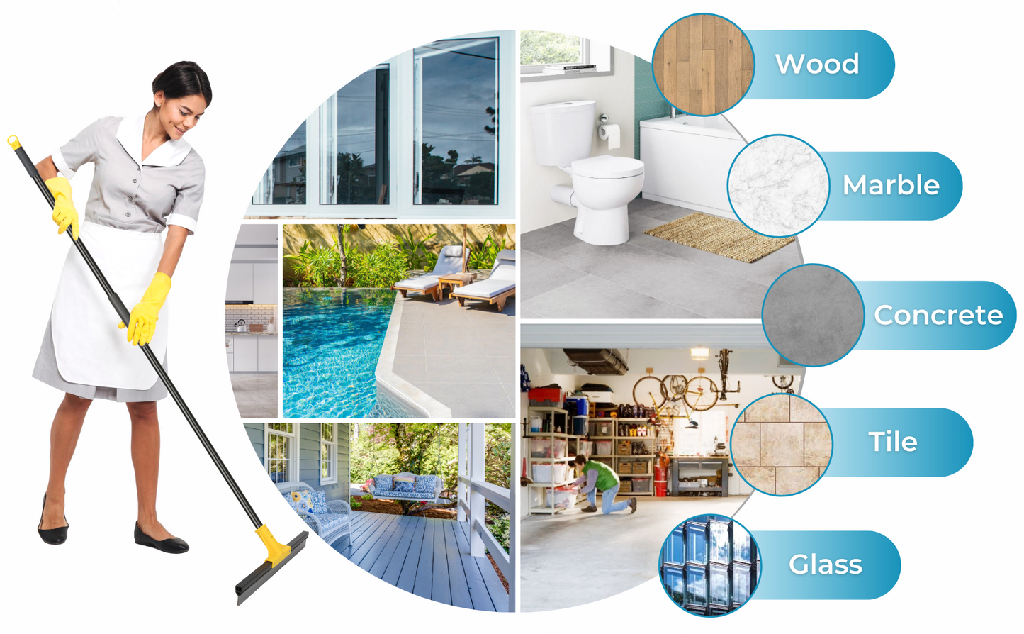 Squeegee Broom for Floor, 18'' Rubber Squeegee with 60'' Long Handle for Bathroom Tile, Garage Concrete, Deck, Shower Glass, Window Cleaning, Heavy Duty Household Floor Wiper