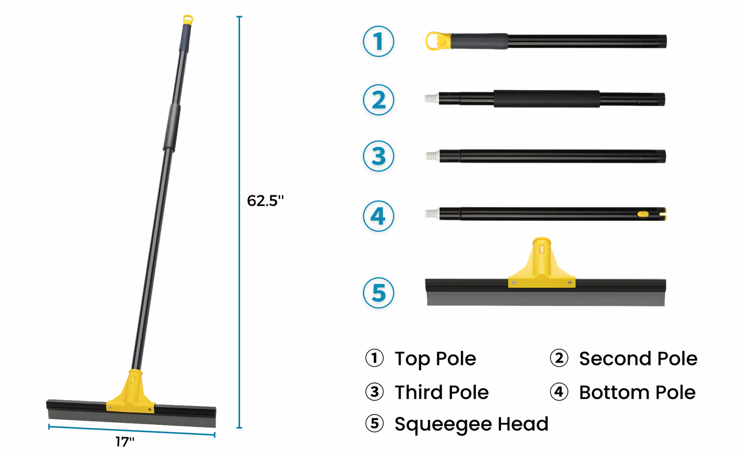 Squeegee Broom for Floor, 18'' Rubber Squeegee with 60'' Long Handle for Bathroom Tile, Garage Concrete, Deck, Shower Glass, Window Cleaning, Heavy Duty Household Floor Wiper