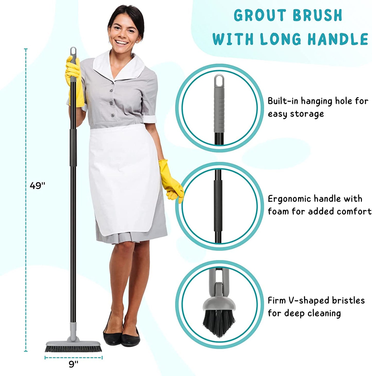 Grout Brush with Long Handle, Tile Cleaner Tool for Shower, Bathroom Floors Scrubber for Grout Cleaning
