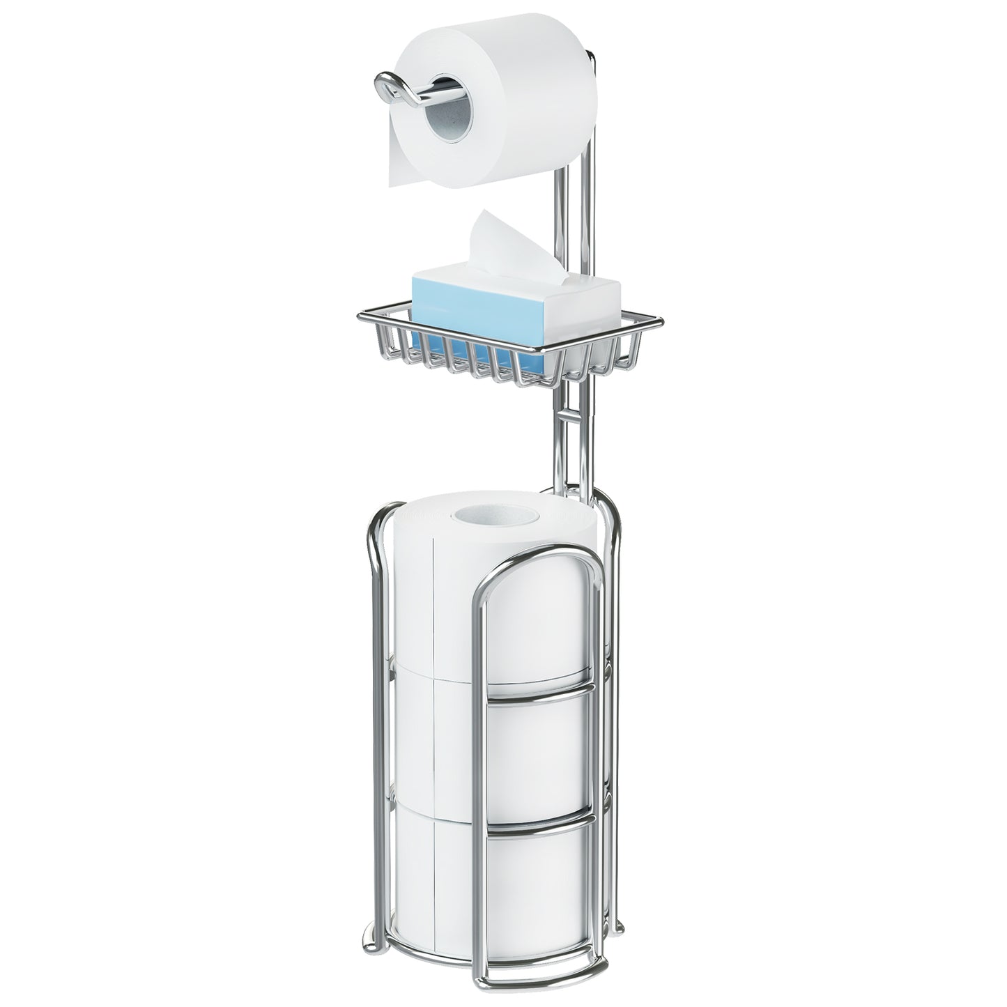 Toilet Paper Holder Stand with Reserve and Dispenser for 4 Mega Rolls, Bathroom Freestanding Toilet Tissue Paper Roll Storage with Cell Phone Shelf, Chrome