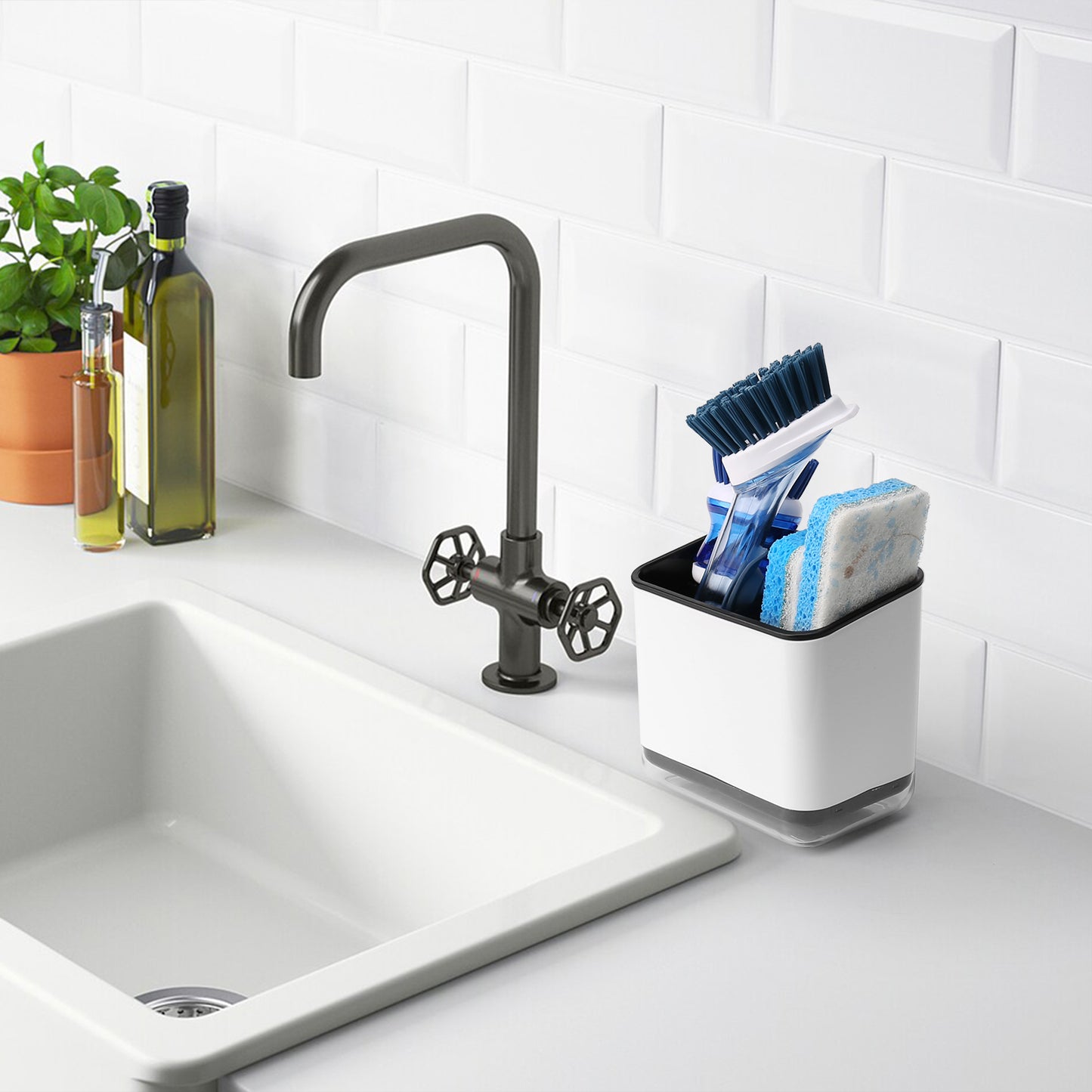 Sink Caddy for Countertop, Sponge Holder for Kitchen Sink, Dish Sponge and Brush Holder, Plastic Dish Scrubber Organizer with Drain Pan, White