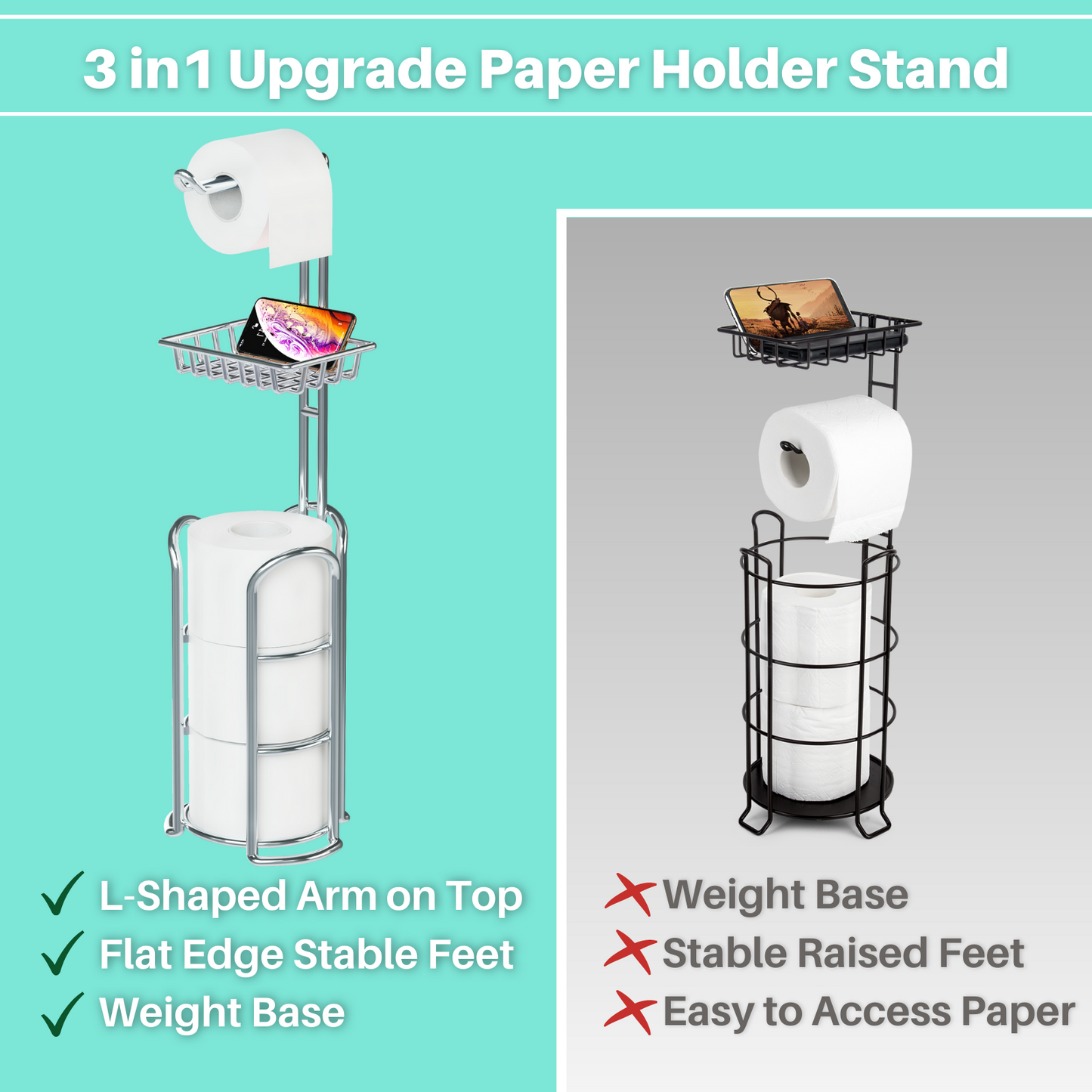 Toilet Paper Holder Stand with Reserve and Dispenser for 4 Mega Rolls, Bathroom Freestanding Toilet Tissue Paper Roll Storage with Cell Phone Shelf, Chrome