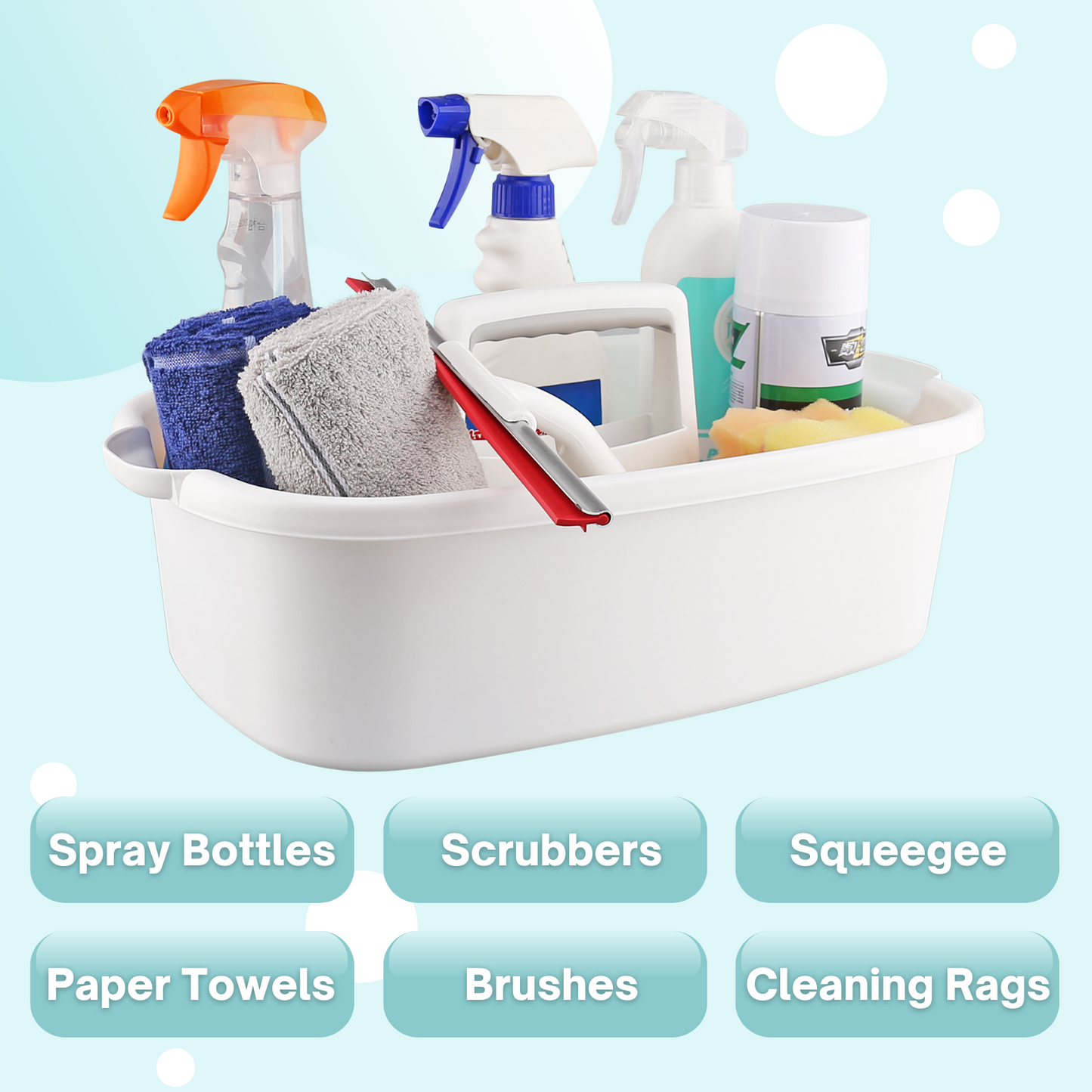 Cleaning Supplies Caddy, Cleaning Supply Organizer with Handle, Plastic Caddy for Cleaning Products, Under Sink Tool Storage Caddy, White