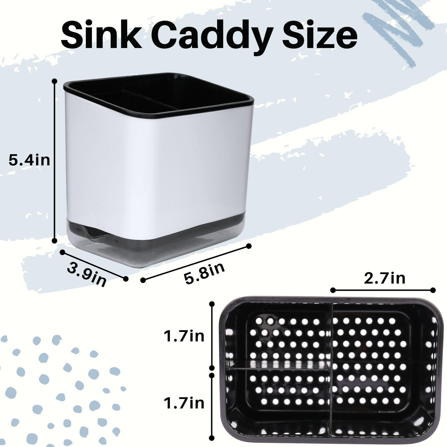 Sink Caddy for Countertop, Sponge Holder for Kitchen Sink, Dish Sponge and Brush Holder, Plastic Dish Scrubber Organizer with Drain Pan, White