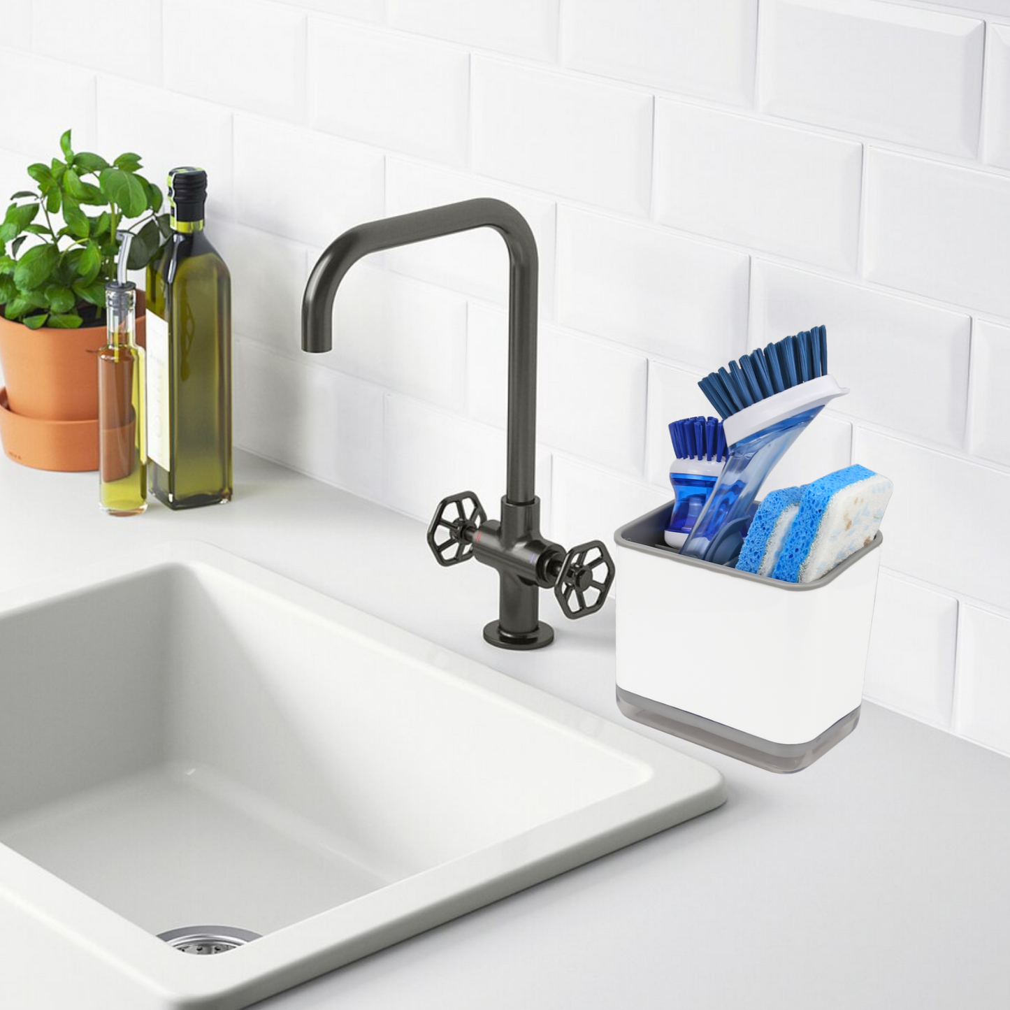 Sink Counter Caddy, Dish Sponge Holder, Kitchen Sink Sponge and Brush Holder, Plastic Dish Scrubber Organizer with Drain Tray, White