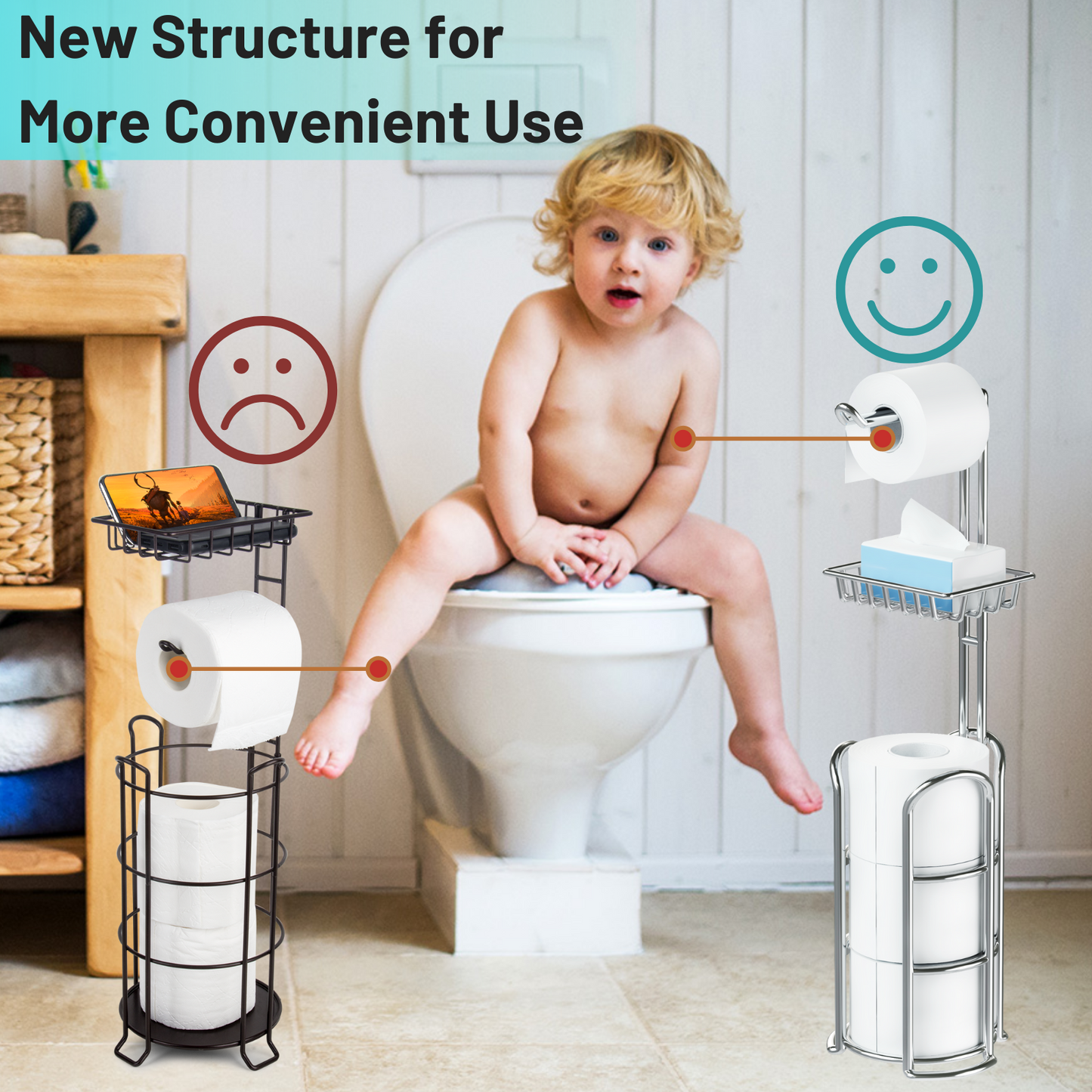 Toilet Paper Holder Stand with Reserve and Dispenser for 4 Mega Rolls, Bathroom Freestanding Toilet Tissue Paper Roll Storage with Cell Phone Shelf, Chrome