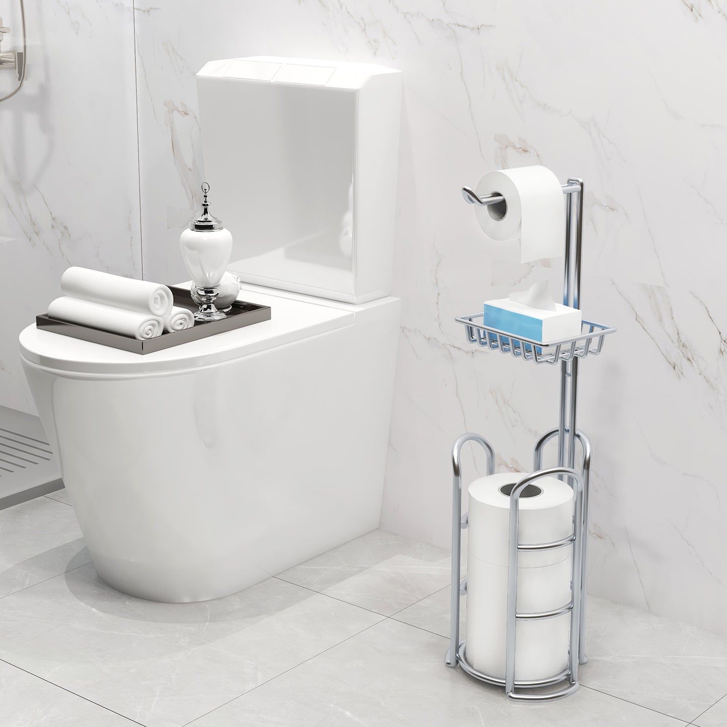 Toilet Paper Holder Stand with Reserve and Dispenser for 4 Mega Rolls, Bathroom Freestanding Toilet Tissue Paper Roll Storage with Cell Phone Shelf, Chrome