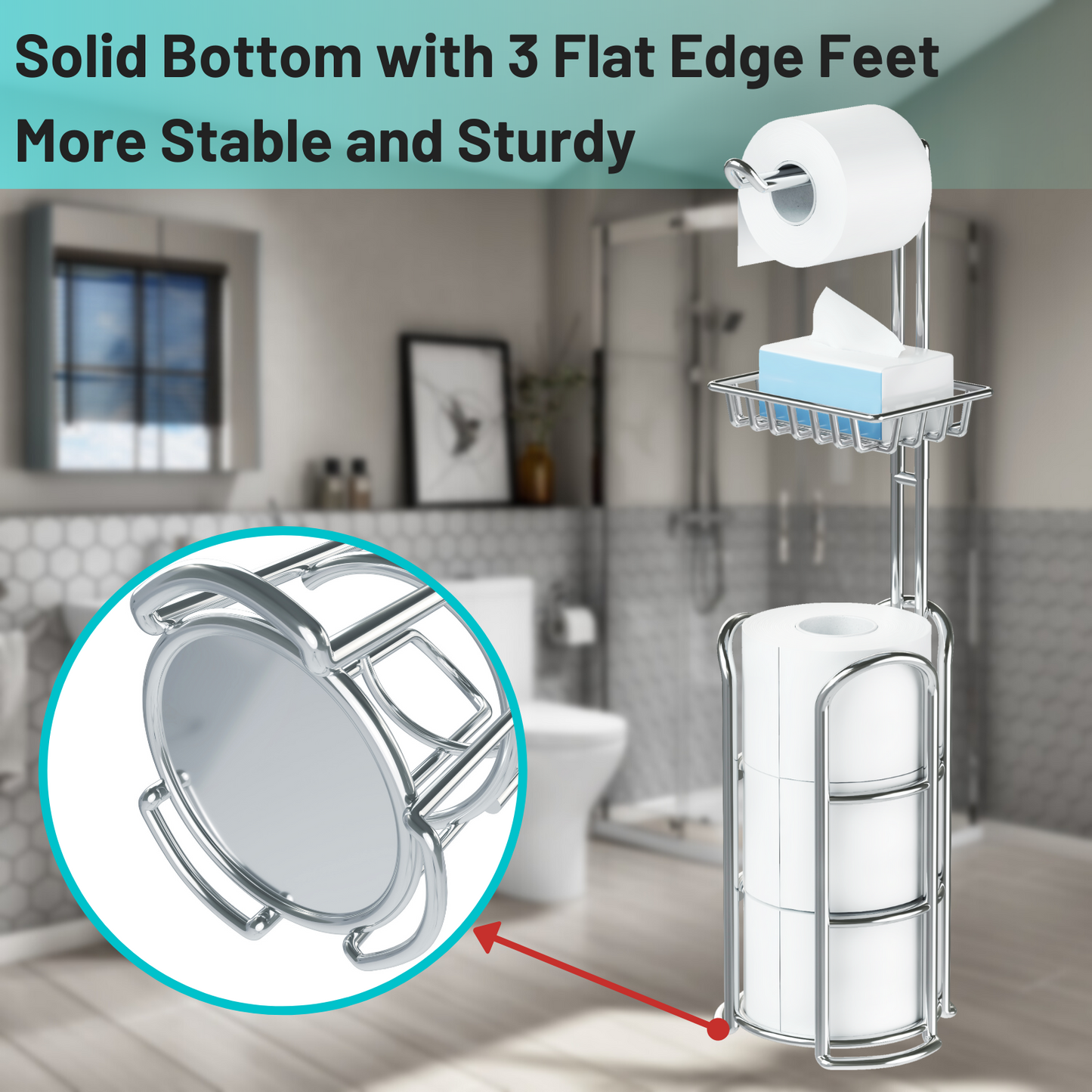 Toilet Paper Holder Stand with Reserve and Dispenser for 4 Mega Rolls, Bathroom Freestanding Toilet Tissue Paper Roll Storage with Cell Phone Shelf, Chrome