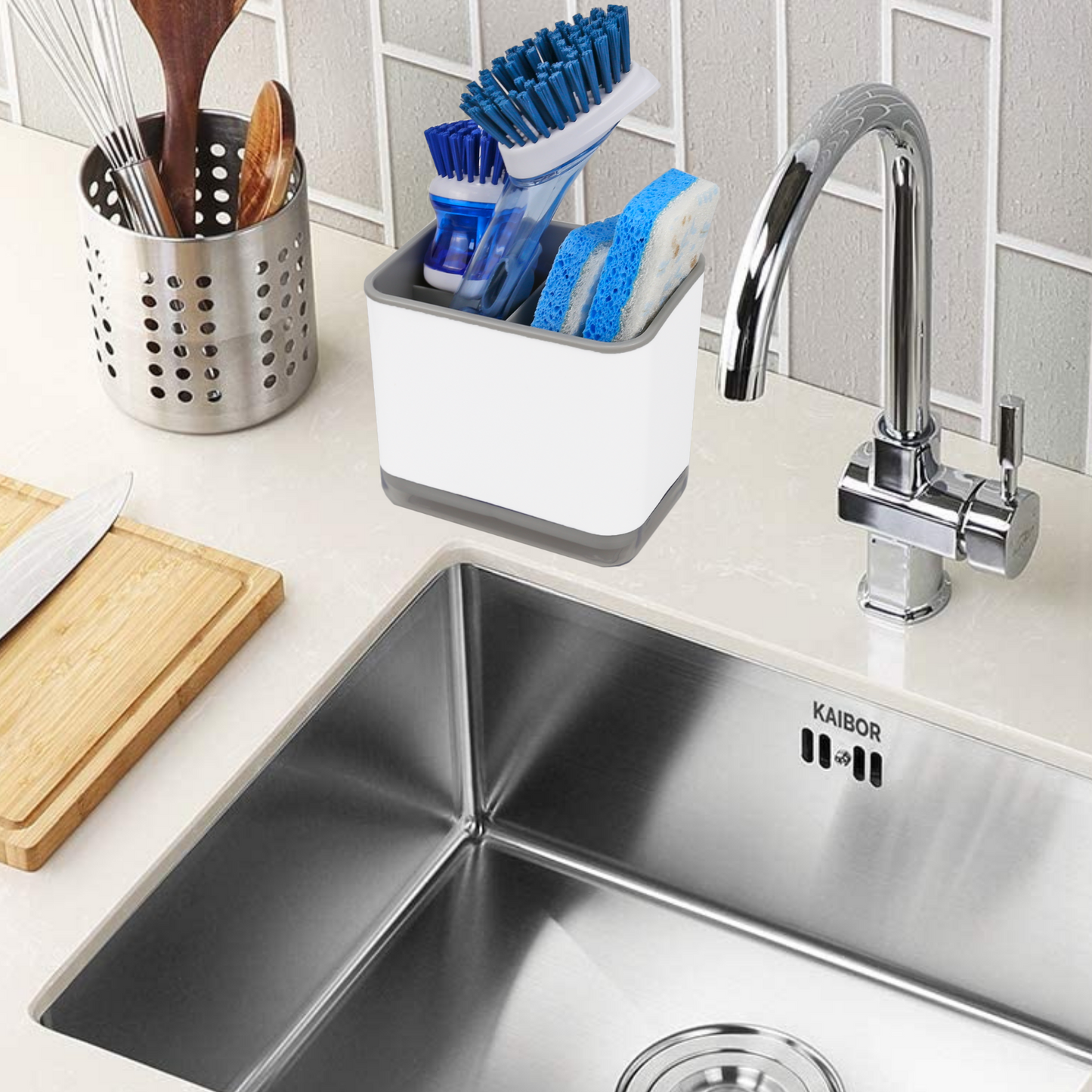 Sink Counter Caddy, Dish Sponge Holder, Kitchen Sink Sponge and Brush Holder, Plastic Dish Scrubber Organizer with Drain Tray, White