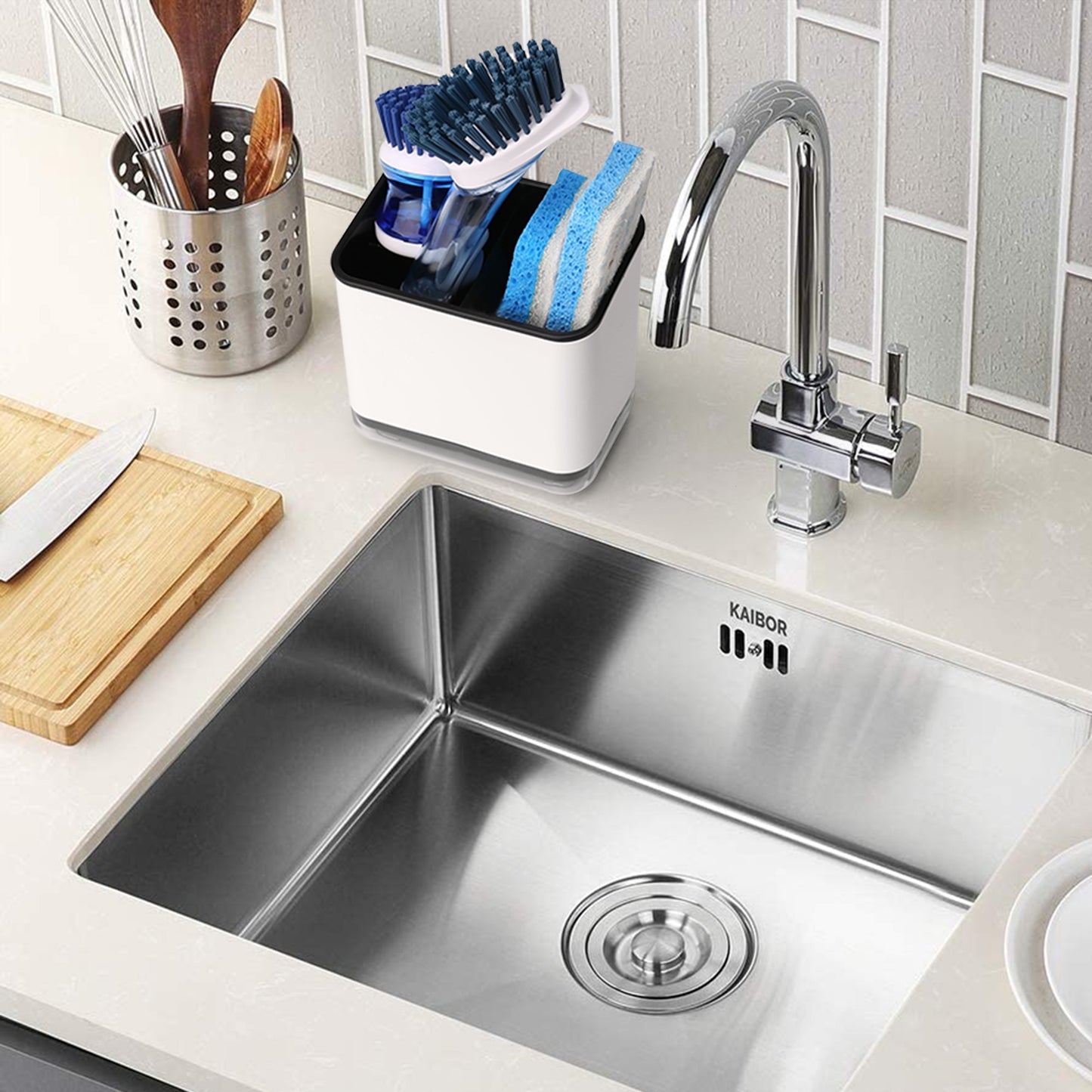 Sink Caddy for Countertop, Sponge Holder for Kitchen Sink, Dish Sponge and Brush Holder, Plastic Dish Scrubber Organizer with Drain Pan, White