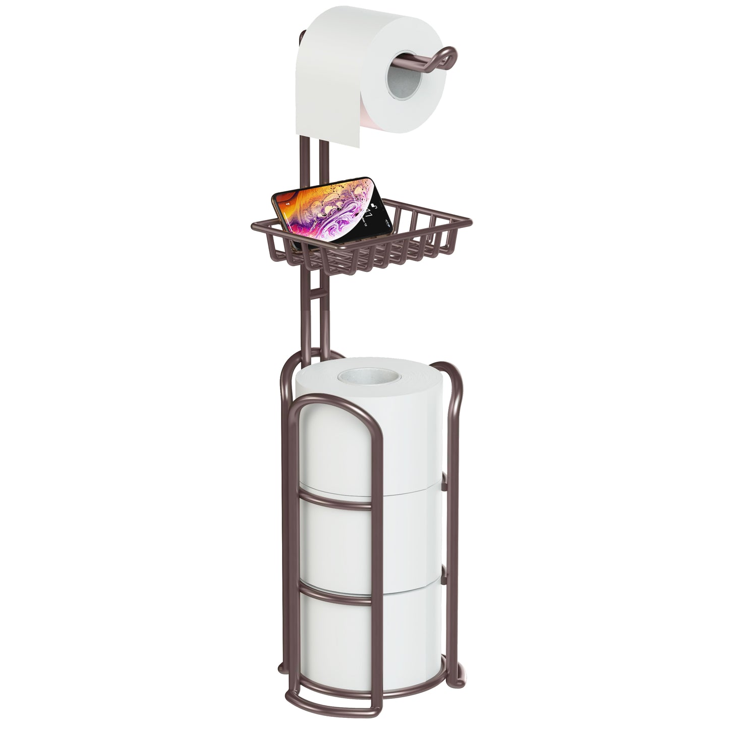 Toilet Paper Holder Stand with Reserve and Dispenser for 4 Mega Roll, Bathroom Freestanding Toilet Tissue Storage with Shelf for Wipes and Phone, Bronze