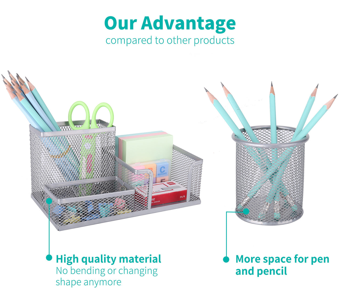 Pen Holder Pencil Holder for Desk 2 Pack,3 Compartments Mesh Office Supplies Accessories Caddy with Round Pen Cup Holder, Desk Organizer for Home, Office and School,Silver
