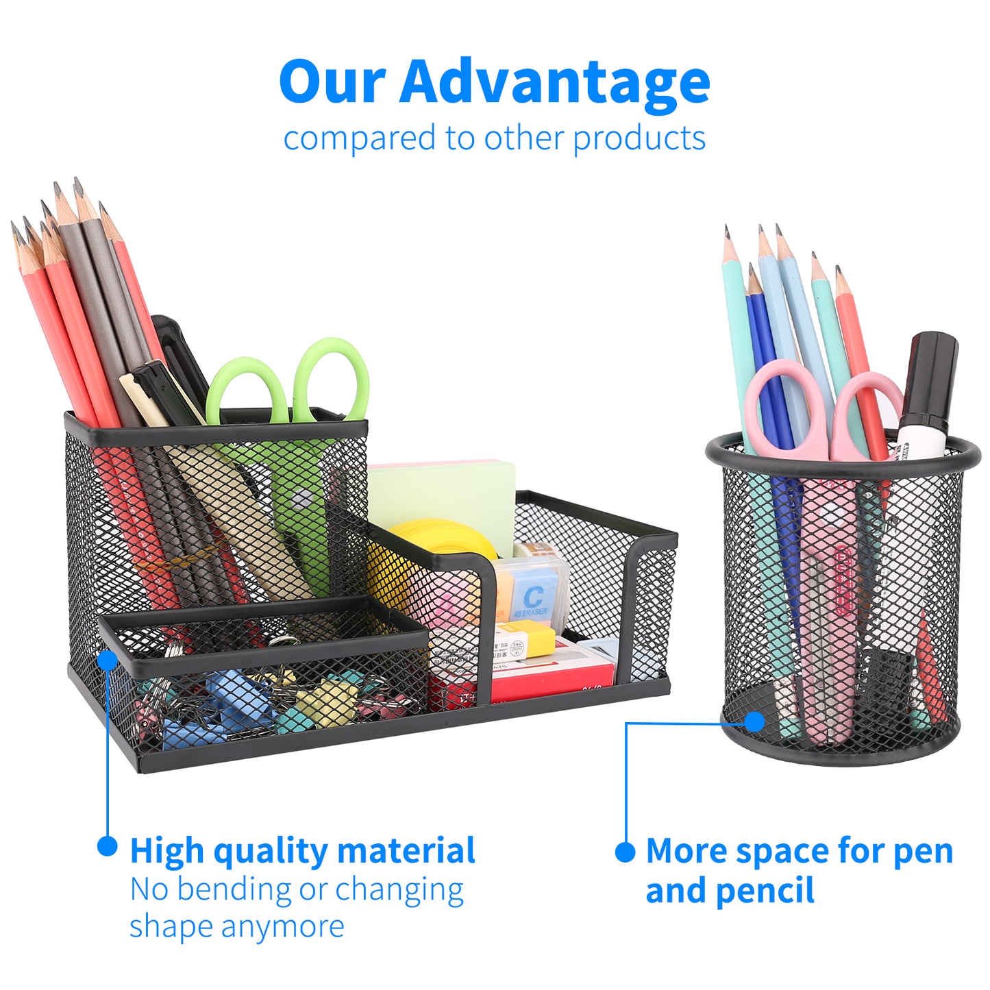 Pen Holder Pencil Holders for Desk Pencil Cup,4 Compartments Pen and Pencil Holders,2 Piece Mesh Stationery Organizer for Office Desk,Black Office Supplies Accessory for Desktop