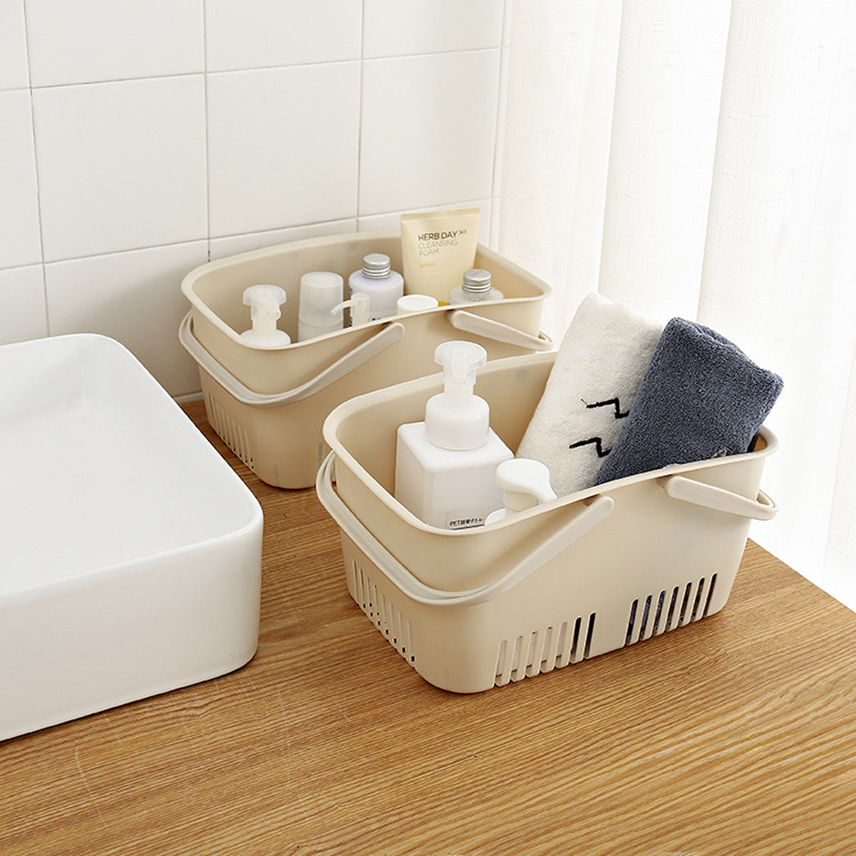 Shower Caddy Basket, Portable Shower Tote, Plastic Dorm College Shower  Organizer Bucket with Handles, Cream
