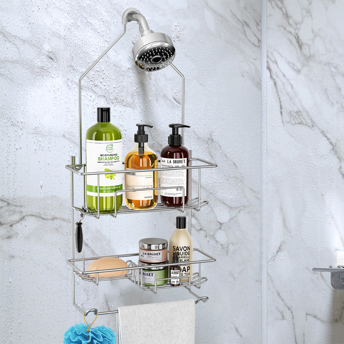 Shower Caddy over Shower Head, Hanging Shower Organizer Rack, Bathroom Caddy for Shower, Rustproof Shampoo Holder Shelf, Silver