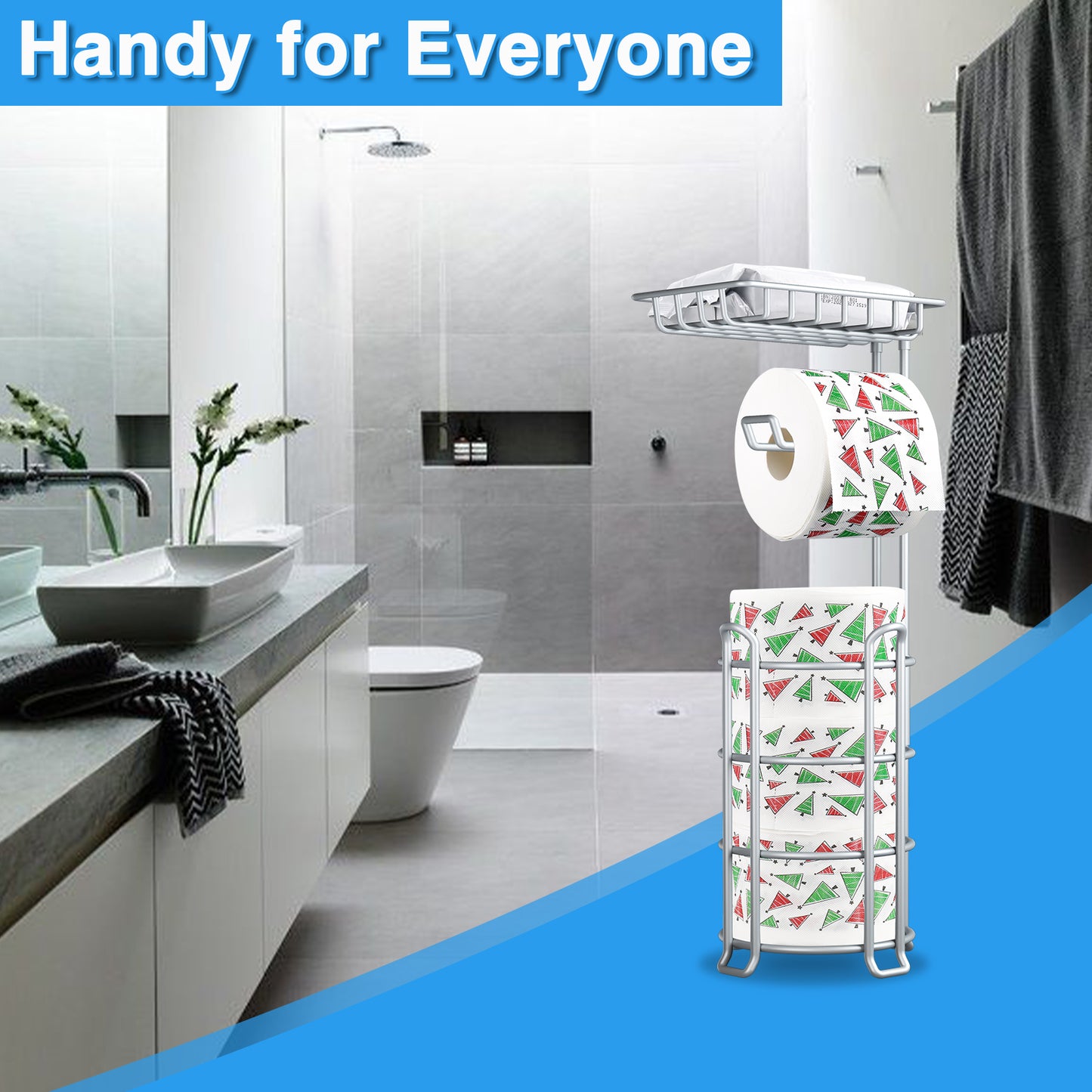 Upgrade Freestanding Toilet Paper Holder, Silver Gray Toilet Tissue Holders Stand with Top Shelf, Bathroom Paper Roll Storage Rack