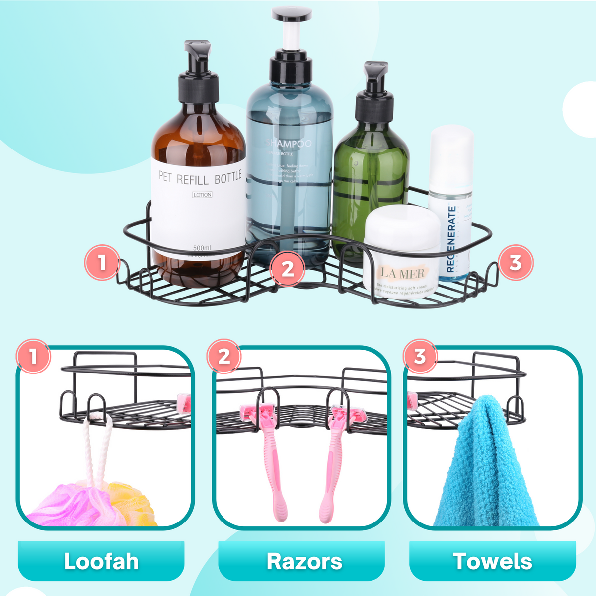 KeFanta Shower Caddy Over Shower Head, Silver Hanging Organizer, Storage Rack with Hooks for Razor, Bathroom Shampoo Holder