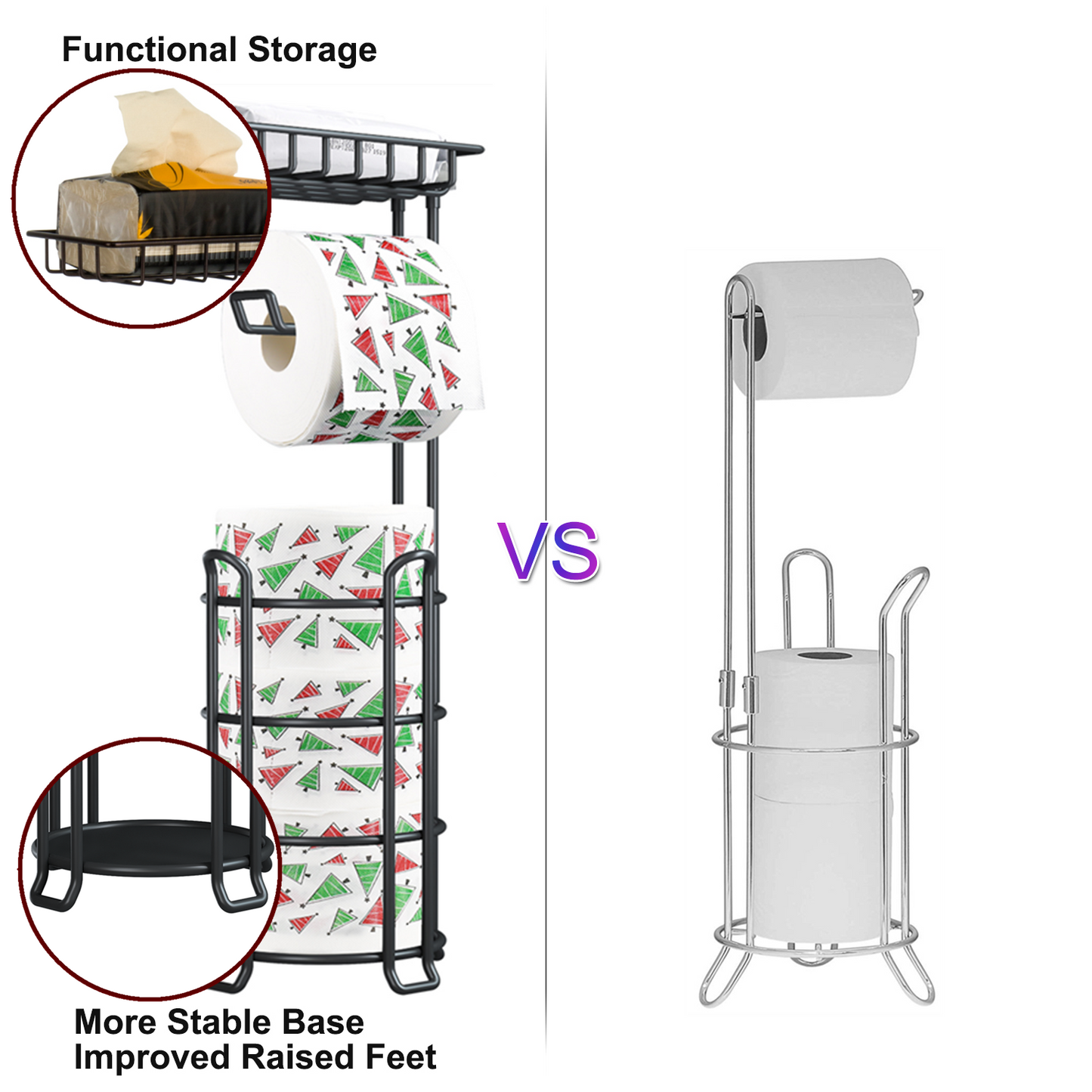 Toilet Paper Holder Stand with Shelf and Dispenser, Bathroom Free Standing Tissue Storage for 4 Mega Roll, Black