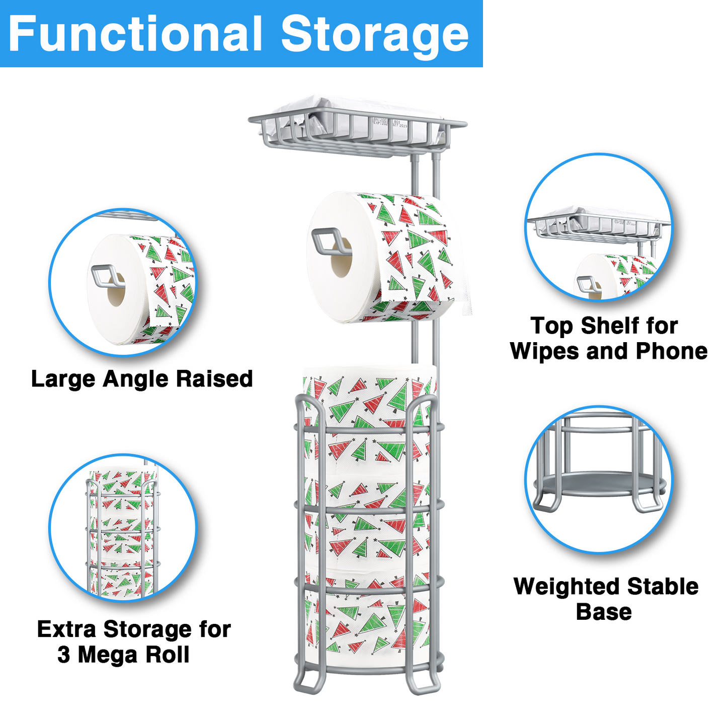 Upgrade Freestanding Toilet Paper Holder, Silver Gray Toilet Tissue Holders Stand with Top Shelf, Bathroom Paper Roll Storage Rack