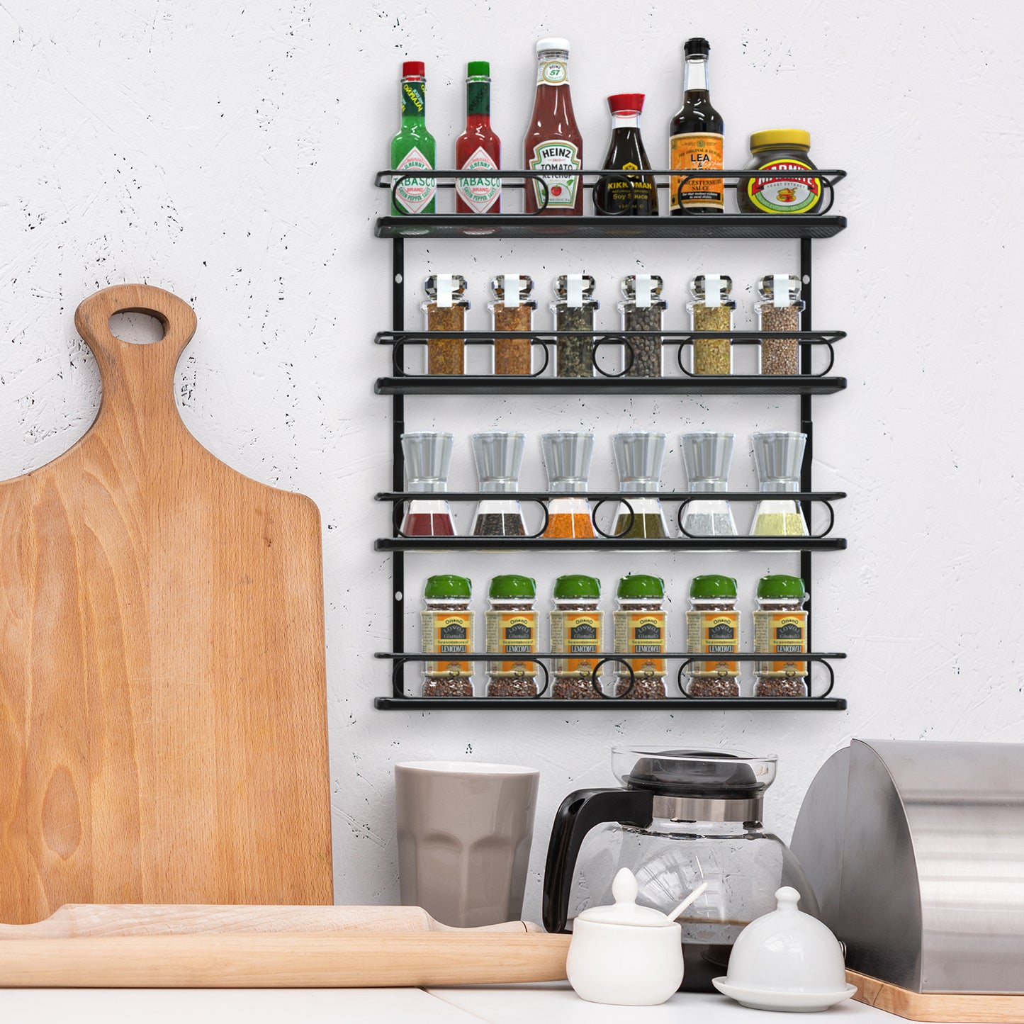 4 Tier Hanging Spice Racks for Wall Mount/Cabinet Pantry Door,Farmhouse Style Seasoning Organizer For Your Kitchen,Black
