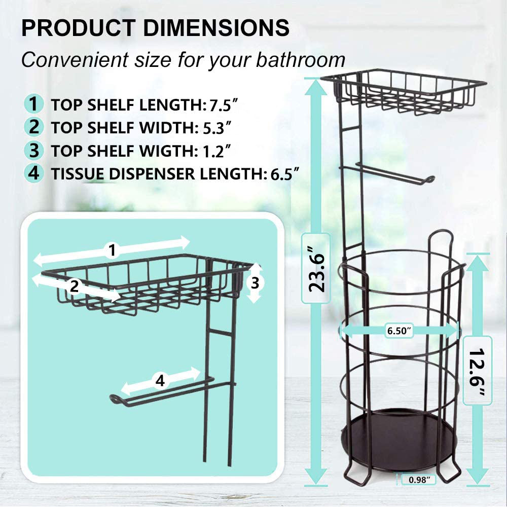 Toilet Paper Holder Stand with Shelf and Dispenser, Bathroom Free Standing Tissue Storage for 4 Mega Roll, Black