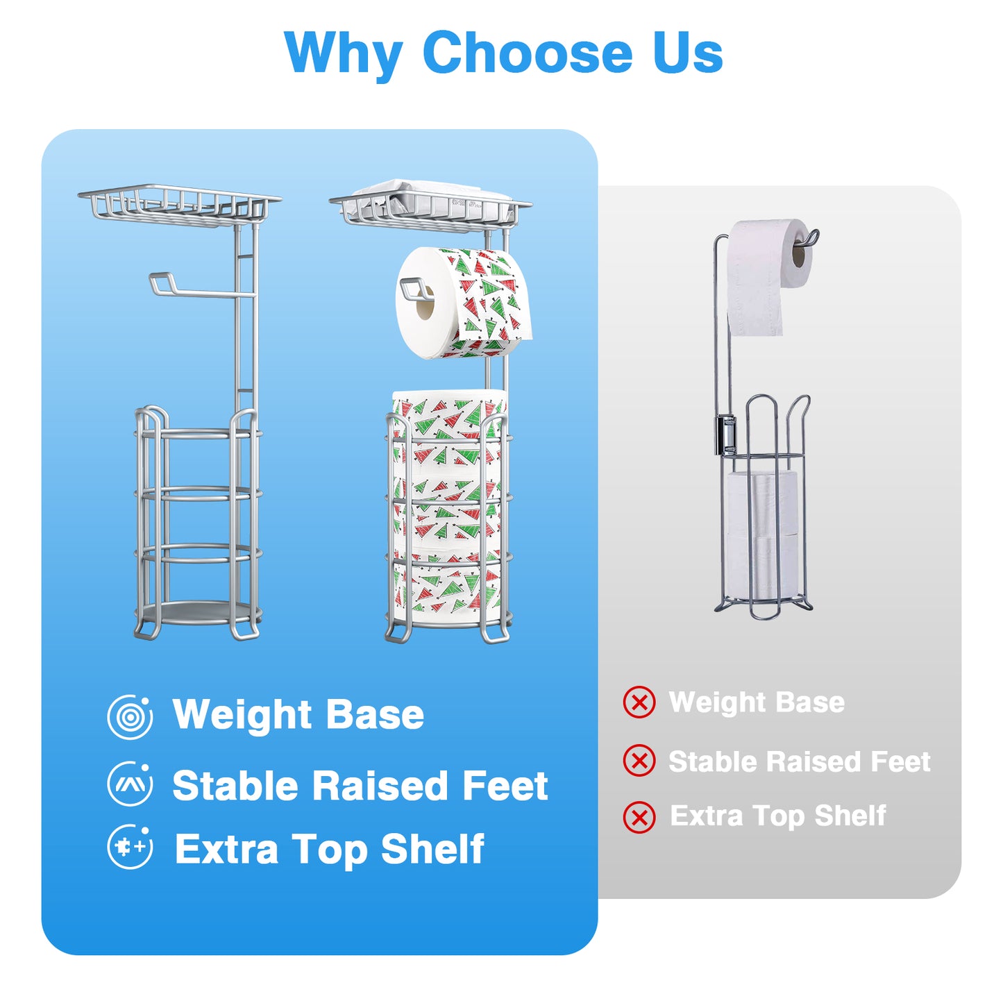 Upgrade Freestanding Toilet Paper Holder, Silver Gray Toilet Tissue Holders Stand with Top Shelf, Bathroom Paper Roll Storage Rack