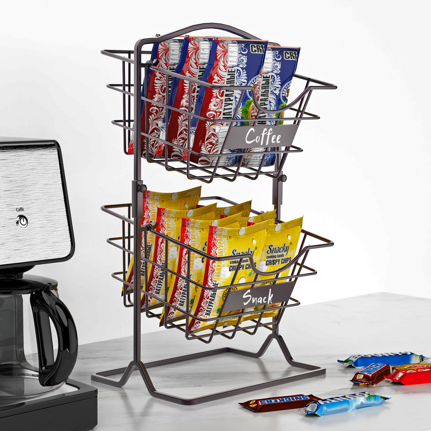 Fruit Basket for Kitchen, Bronze Vegetable Produce Rack for Countertop, 2 Tier Potato and Onion Storage Stand, Snack K-cup Holder