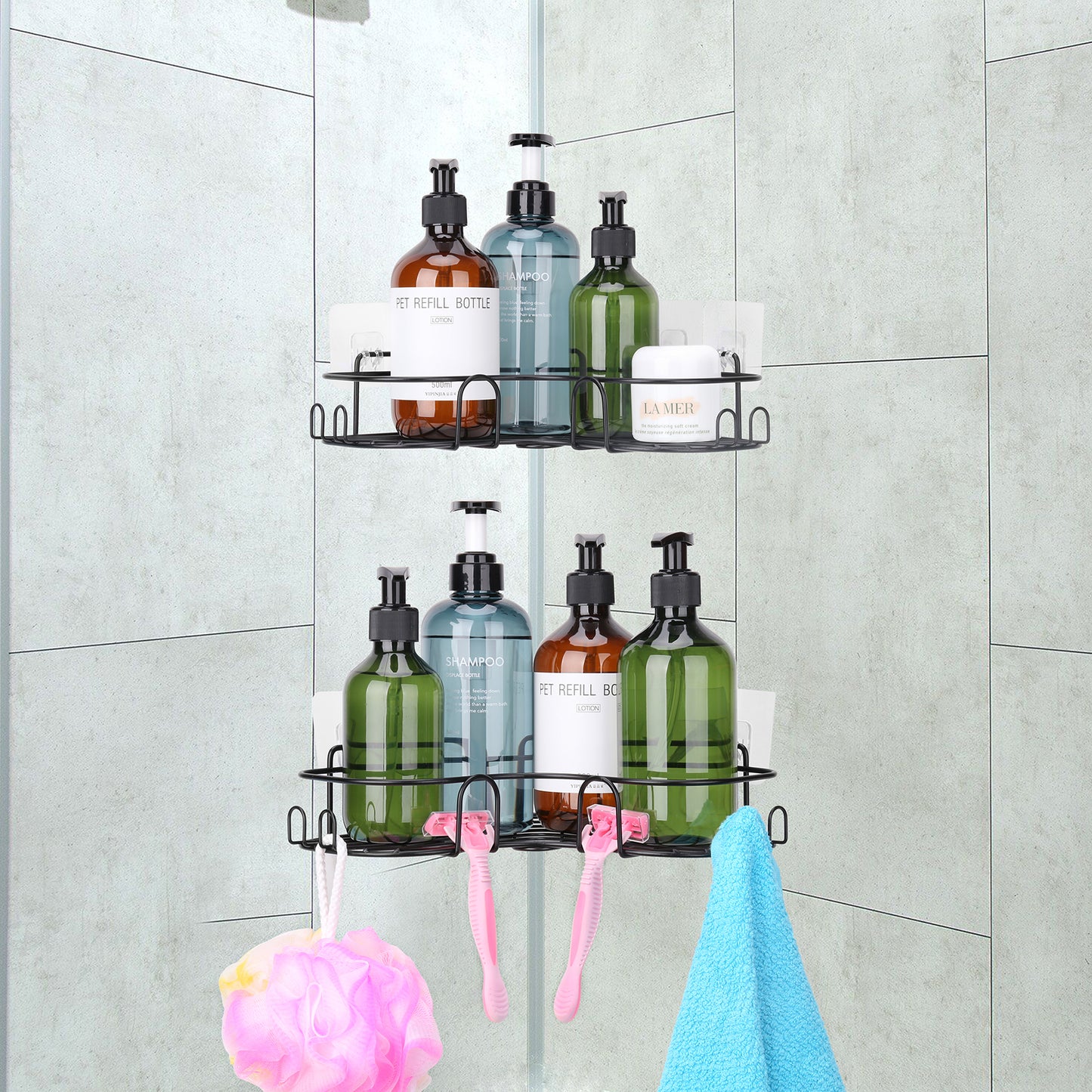 Shower Caddy Corner Shelves, Black Shower Organizer, Adhesive Shampoo Holder for Inside Shower Wall, 2 Pack