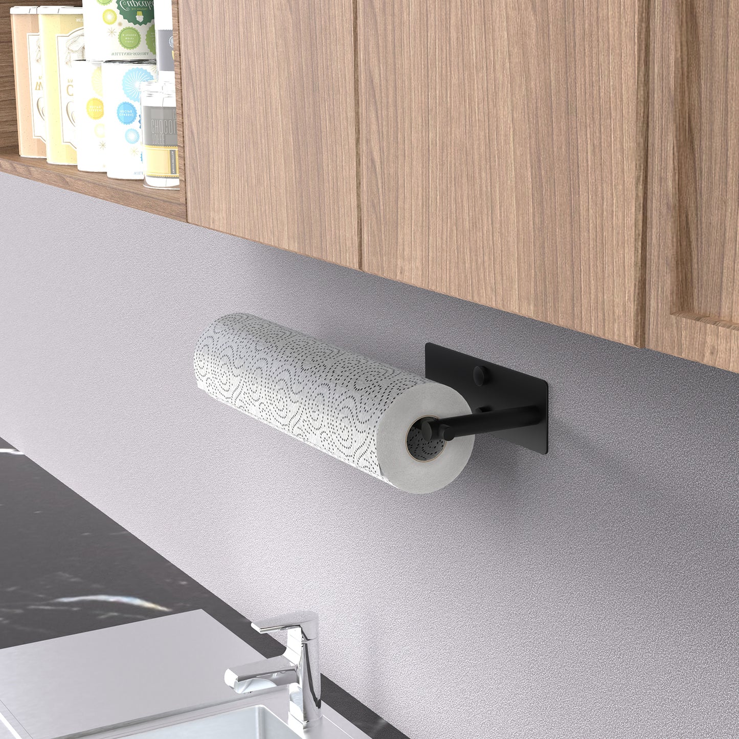 Paper Towel Holder Under Cabinet, Wall Mount Paper Towels Rack for Kitchen, Self Adhesive Hanging Paper Towel Holders for RV Camper, Black