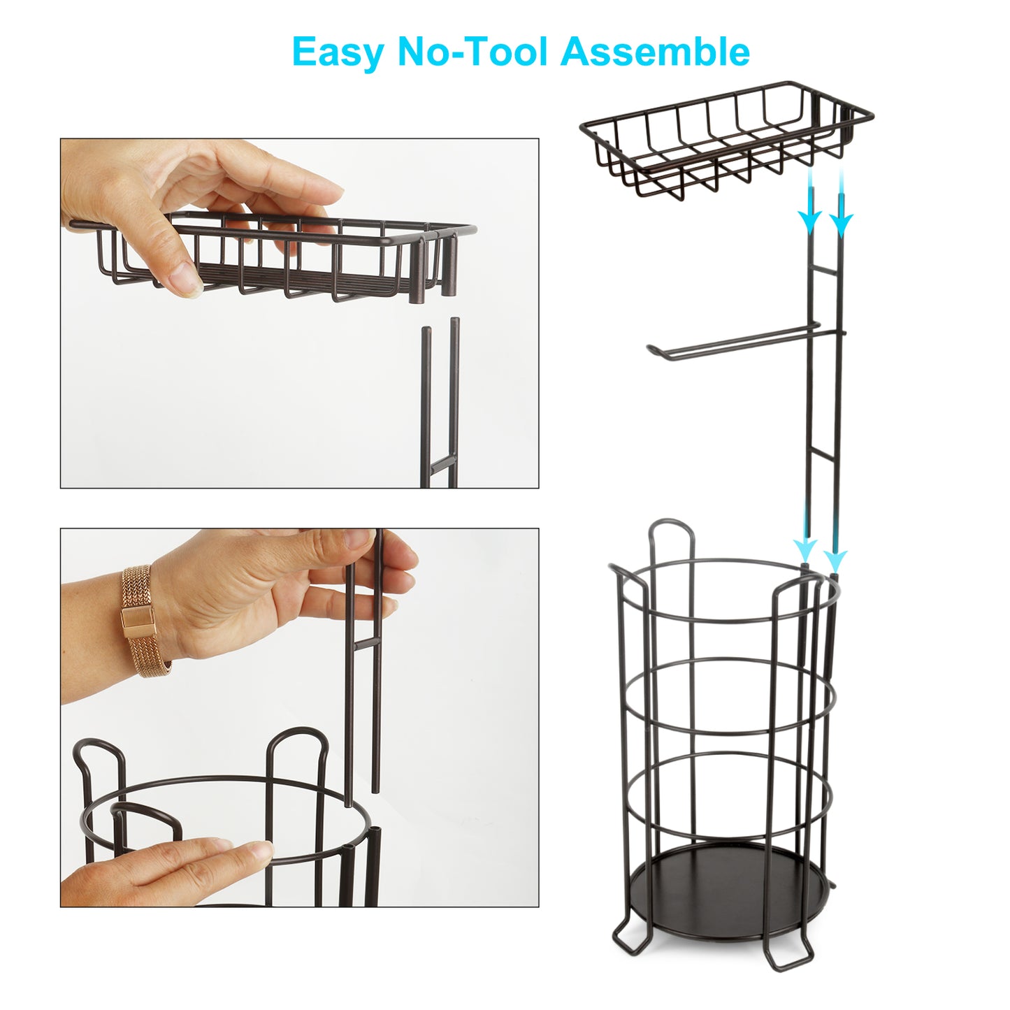 Toilet Paper Holder Stand with Shelf and Dispenser, Bathroom Free Standing Tissue Storage for 4 Mega Roll, Black