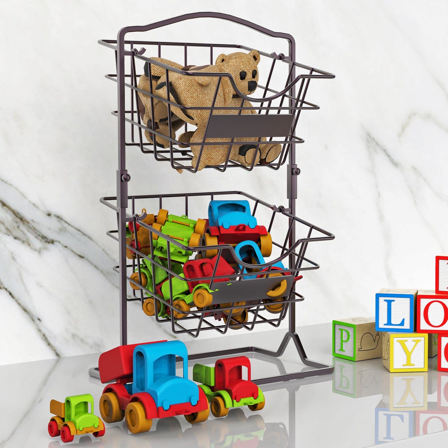 Fruit Basket for Kitchen, Bronze Vegetable Produce Rack for Countertop, 2 Tier Potato and Onion Storage Stand, Snack K-cup Holder