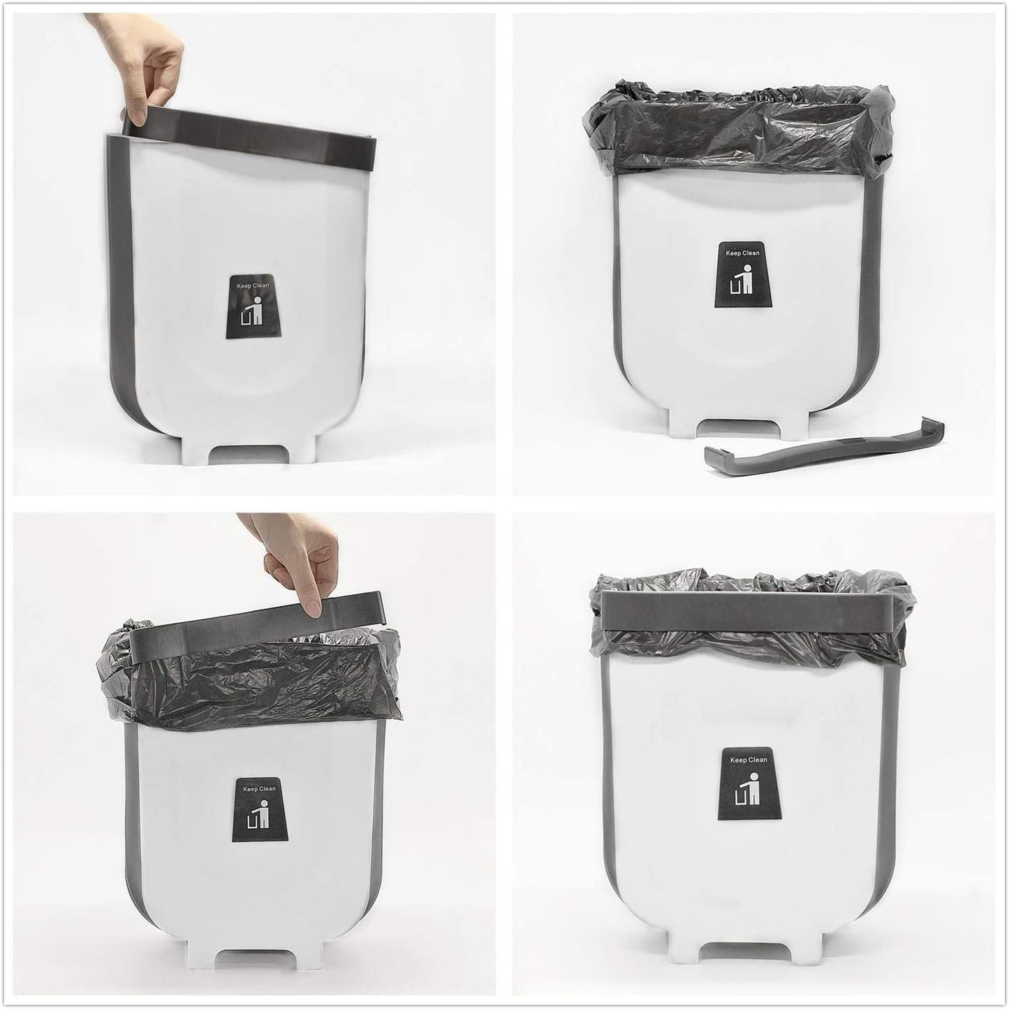 Folding Trash Can, Wall Mounted Folding Waste Bin, Hanging Garbage Can for Kitchen Cabinet Door, Foldable Plastic Car Bathroom Waste Basket White