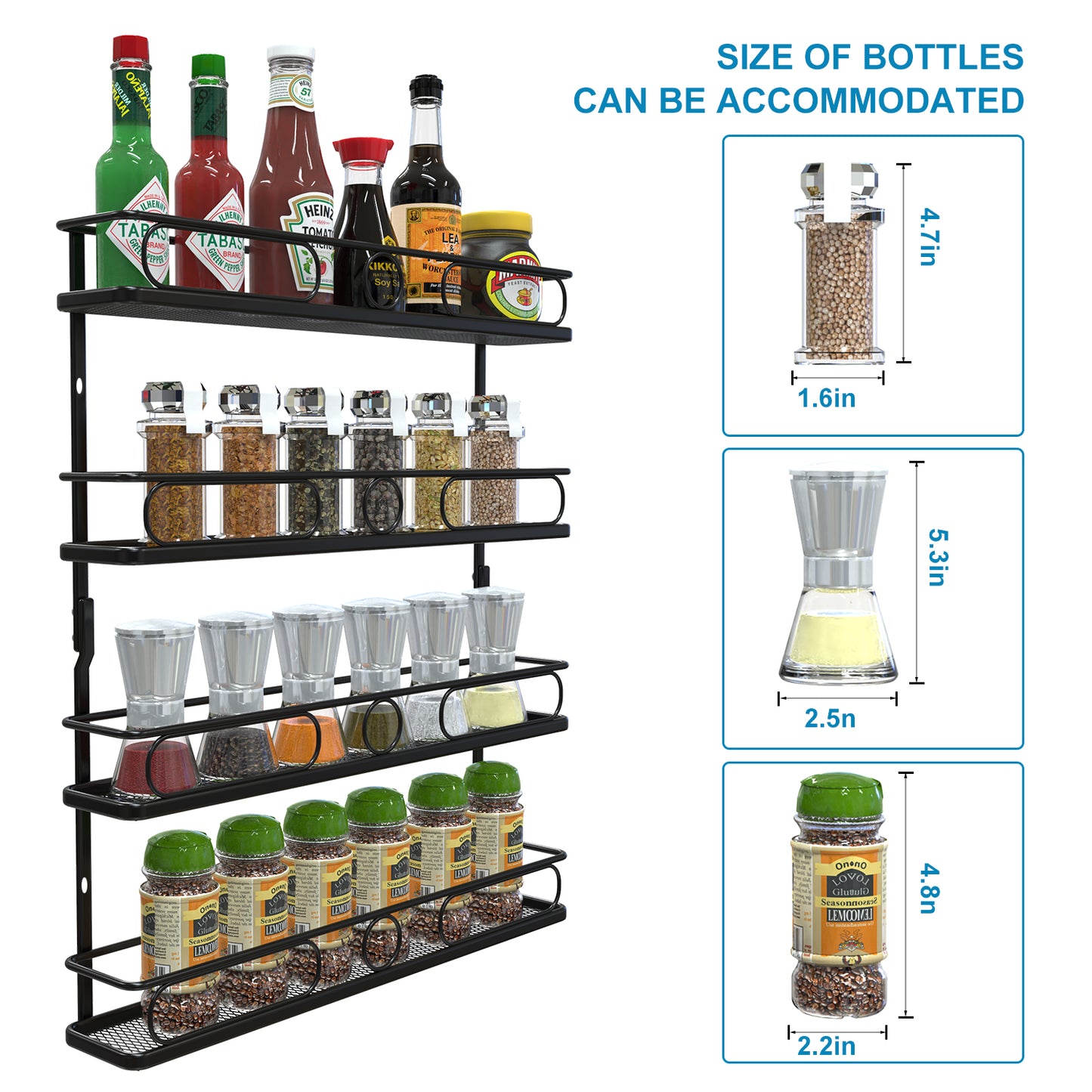 4 Tier Hanging Spice Racks for Wall Mount/Cabinet Pantry Door,Farmhouse Style Seasoning Organizer For Your Kitchen,Black