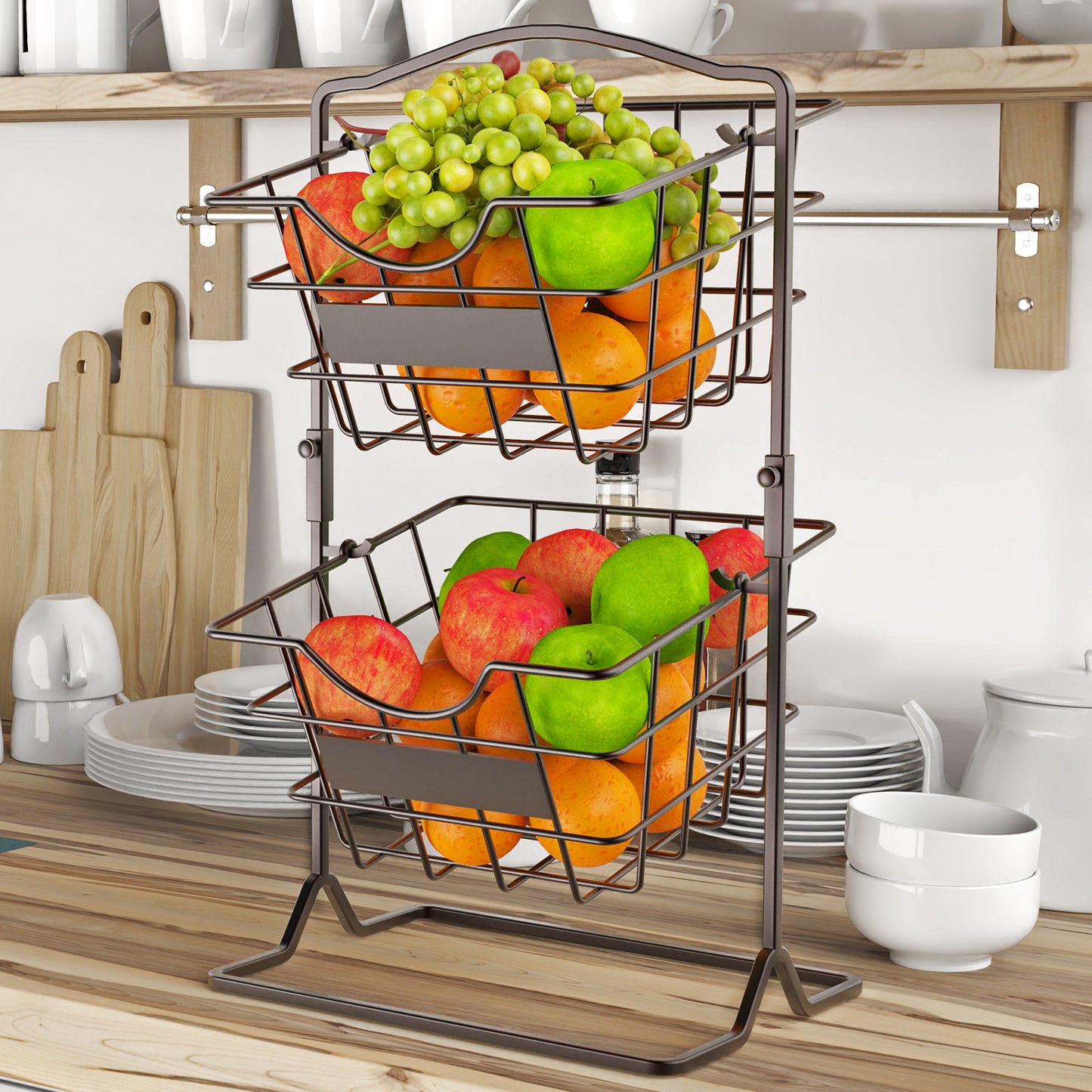 Fruit Basket for Kitchen, Bronze Vegetable Produce Rack for Countertop, 2 Tier Potato and Onion Storage Stand, Snack K-cup Holder