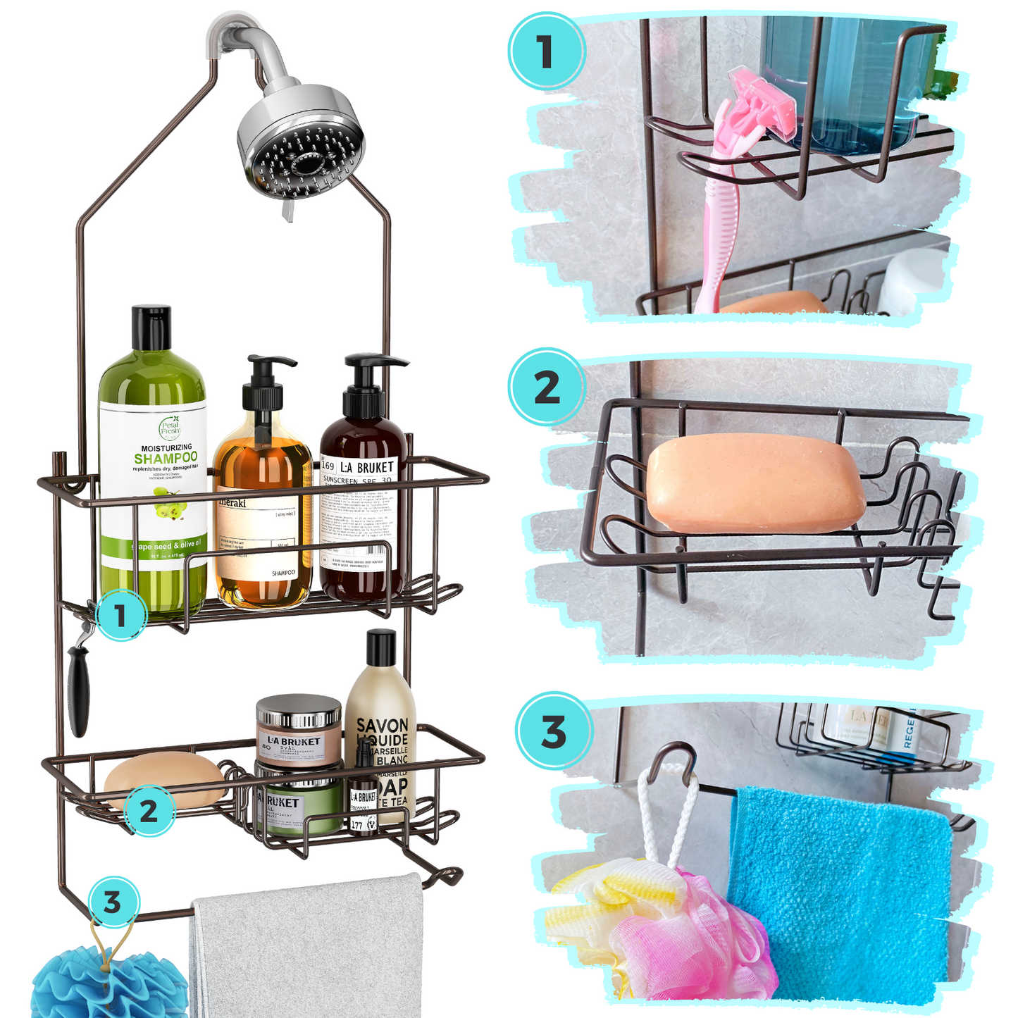 Hanging Shower Caddy over Shower Head, Bathroom Shower Organizer, Shower Storage Rack, Shampoo and Soap Holder, Bronze