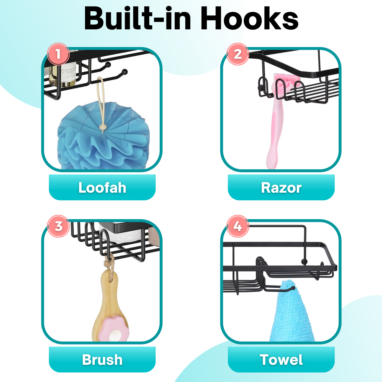 Shower Caddy Organizer, Black Shower Shelves, Adhesive Shampoo Holder for Inside Shower Walls, 2 Pack