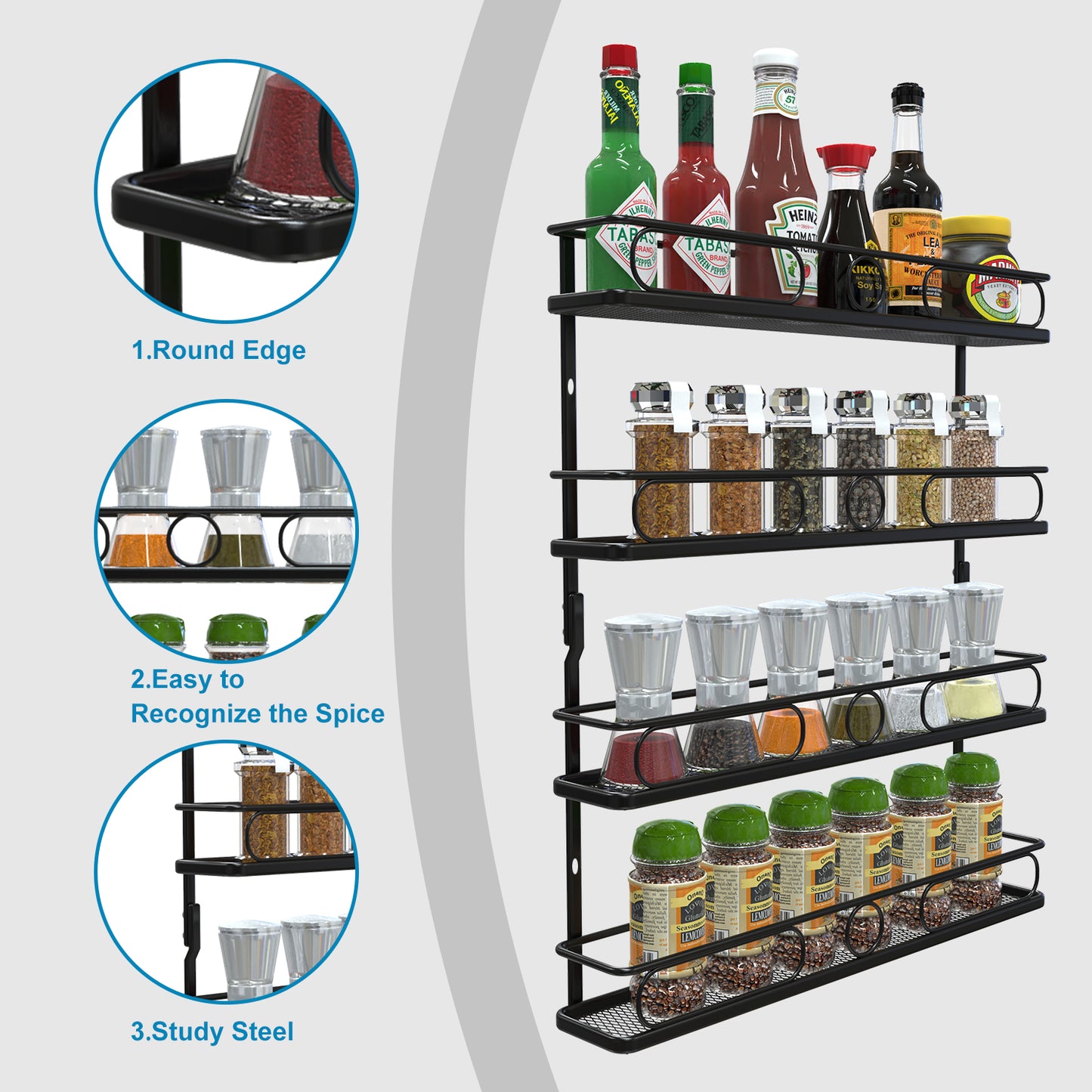 4 Tier Hanging Spice Racks for Wall Mount/Cabinet Pantry Door,Farmhouse Style Seasoning Organizer For Your Kitchen,Black