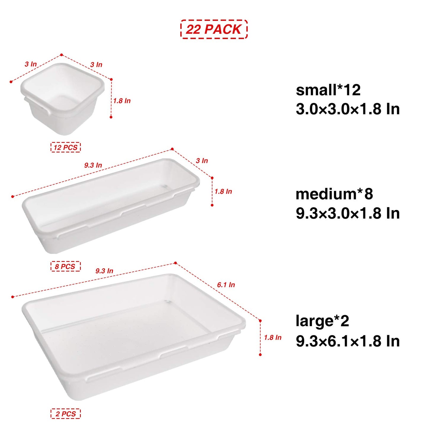 22 Pack Desk Drawer Organizers,Interlocking Junk Drawer Organizers and Storage with 3 Different Sizes,Multi-Purpose Desk Drawer Tray Organizer for Office,Bathroom,Kitchen(White)