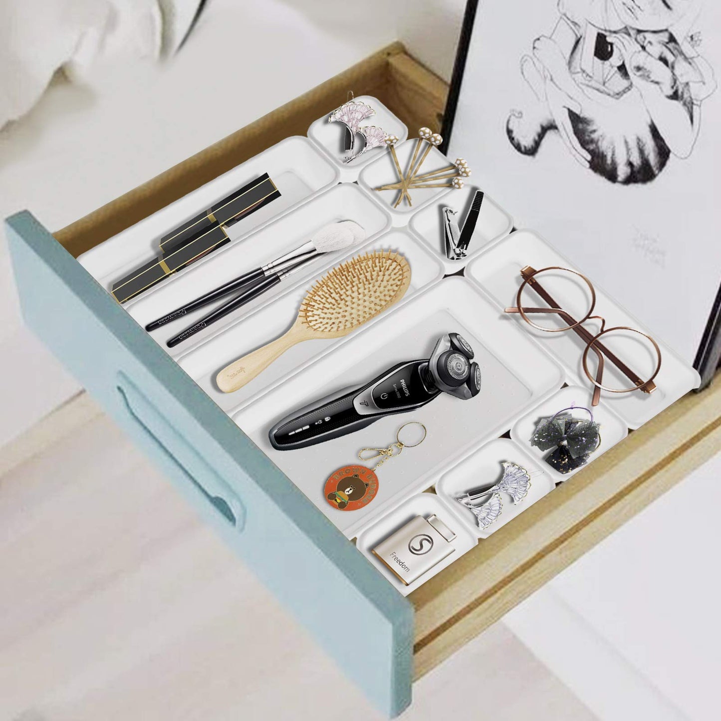 22 Pack Desk Drawer Organizers,Interlocking Junk Drawer Organizers and Storage with 3 Different Sizes,Multi-Purpose Desk Drawer Tray Organizer for Office,Bathroom,Kitchen(White)