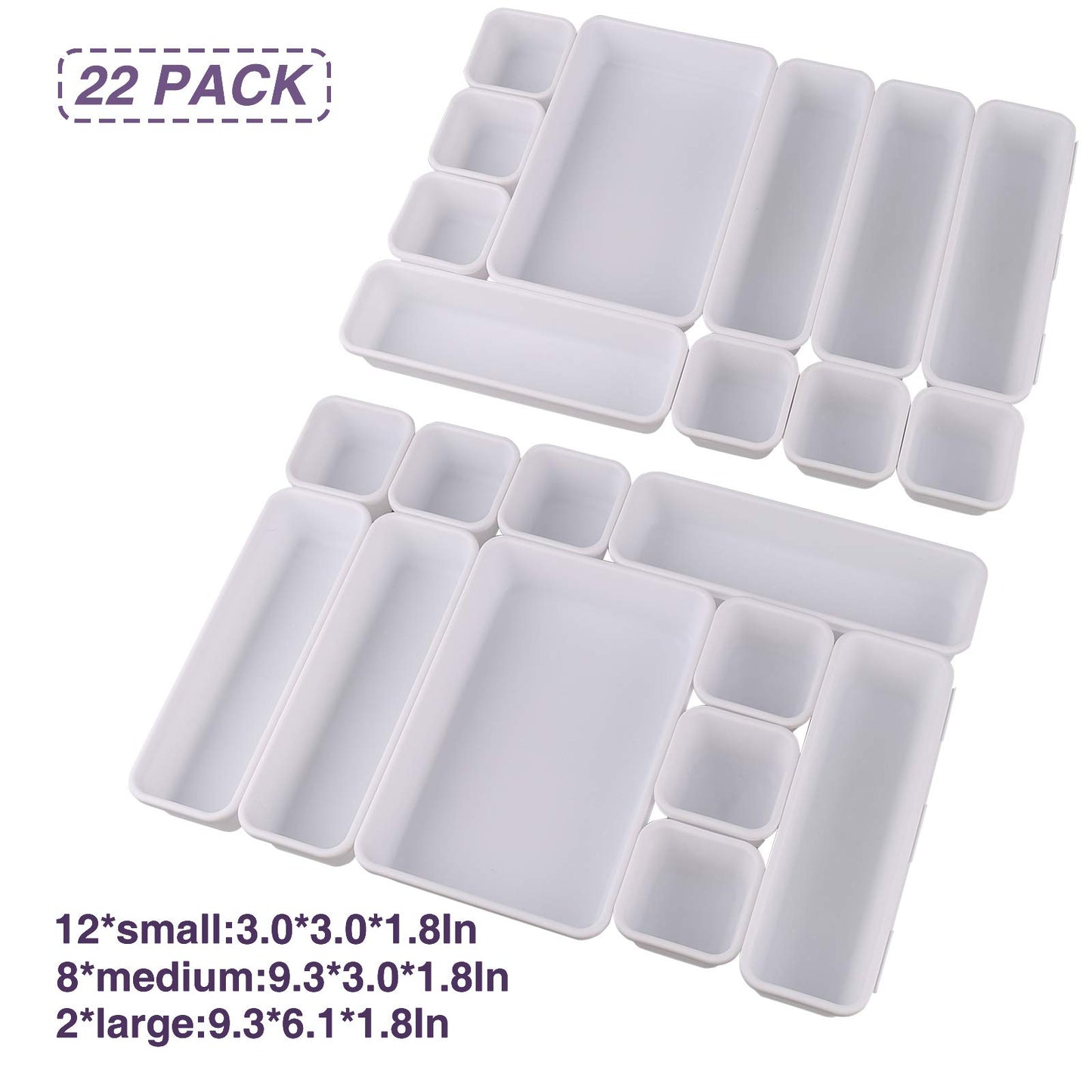 22 Pack Desk Drawer Organizers,Interlocking Junk Drawer Organizers and Storage with 3 Different Sizes,Multi-Purpose Desk Drawer Tray Organizer for Office,Bathroom,Kitchen(White)