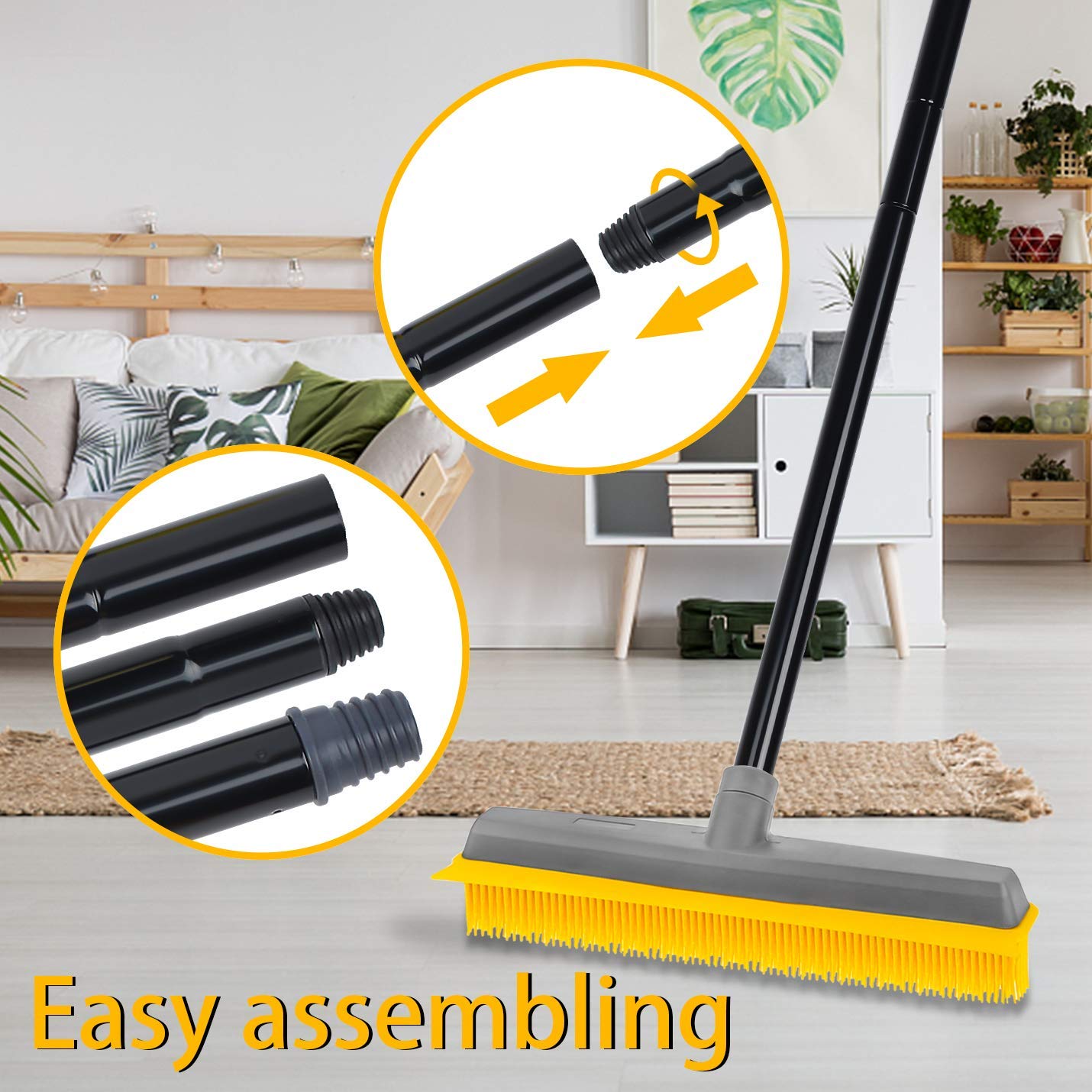 Pet Hair Broom Rubber Broom 59" Fur Remover Broom Carpet Rake with Build-in Squeegee Silicone Broom for Sweeping Hardwood Floor Tile