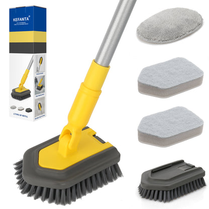 Tub Tile Scrubber Extendable Long Handle147cm,3 in1 Shower Cleaning Brush Stiff Bristle,1Microfiber Pad,2 Scrubbing Sponge for Bathroom Floor Tile Wall Sink Bathtub