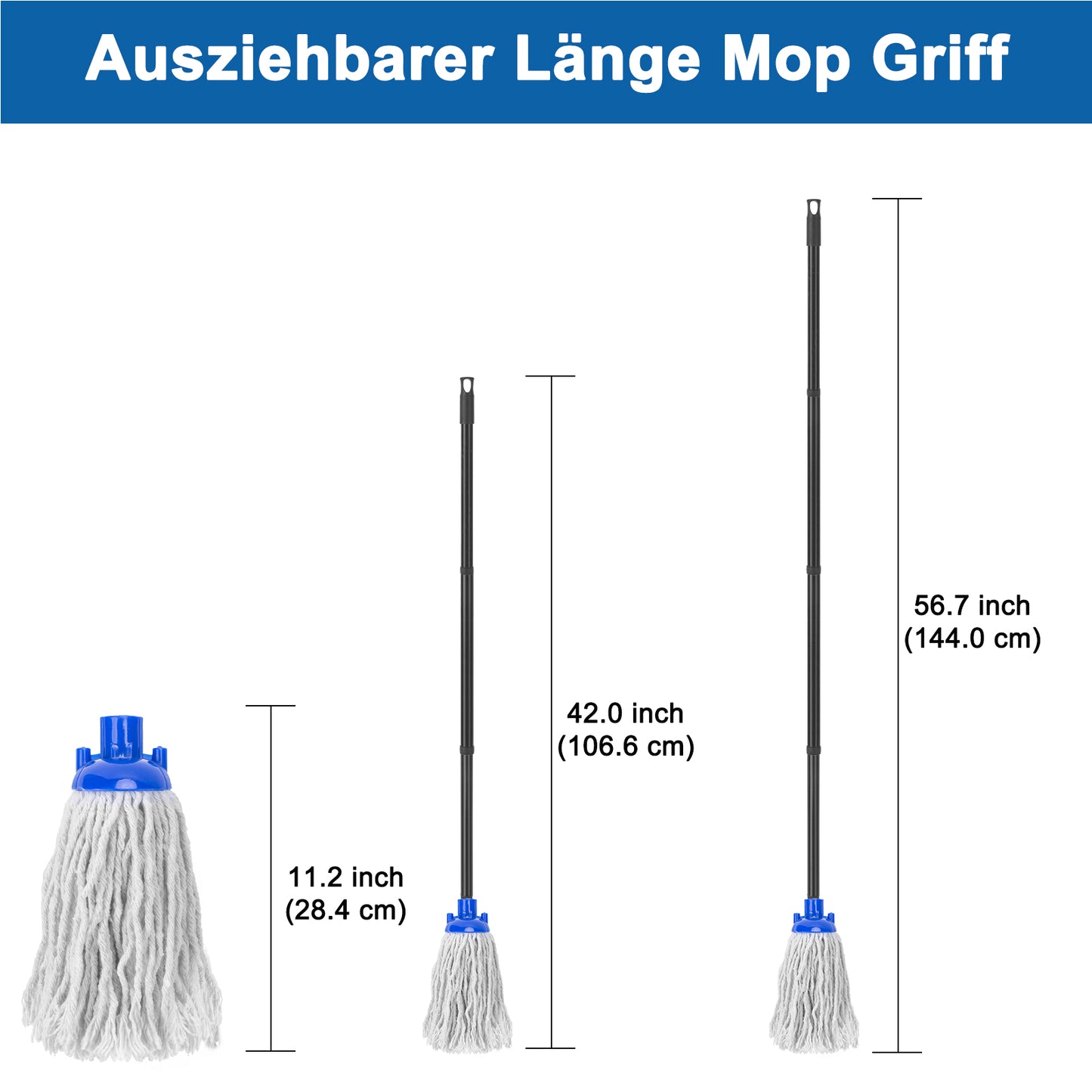 KeFanta Wischmopp für die Bodenreinigung aus 2 Stück Ersatzköpfe aus Baumwolle, 144 cm Metallgriff und Nachfüllung, effektiver Reinigungsmopp für Zuhause, Büro und Gewerbe