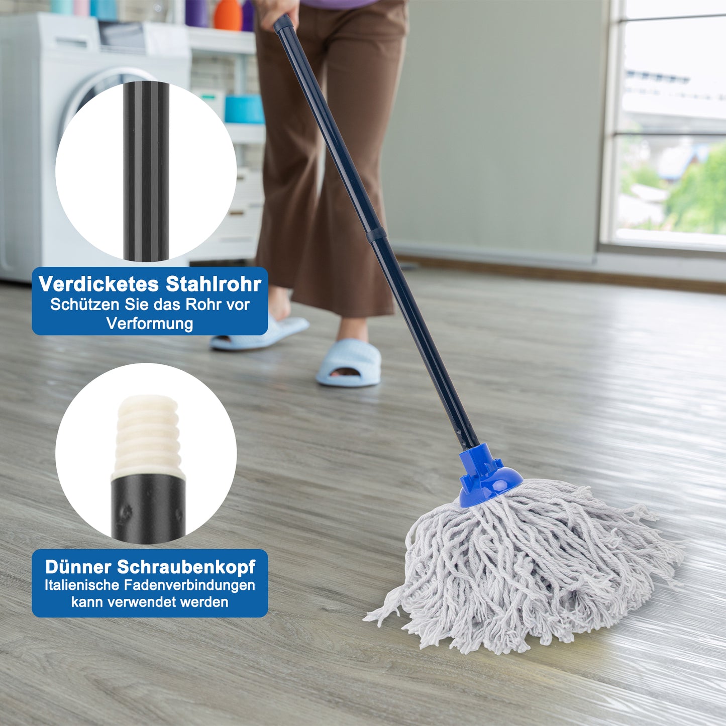 KeFanta Wischmopp für die Bodenreinigung aus 2 Stück Ersatzköpfe aus Baumwolle, 144 cm Metallgriff und Nachfüllung, effektiver Reinigungsmopp für Zuhause, Büro und Gewerbe